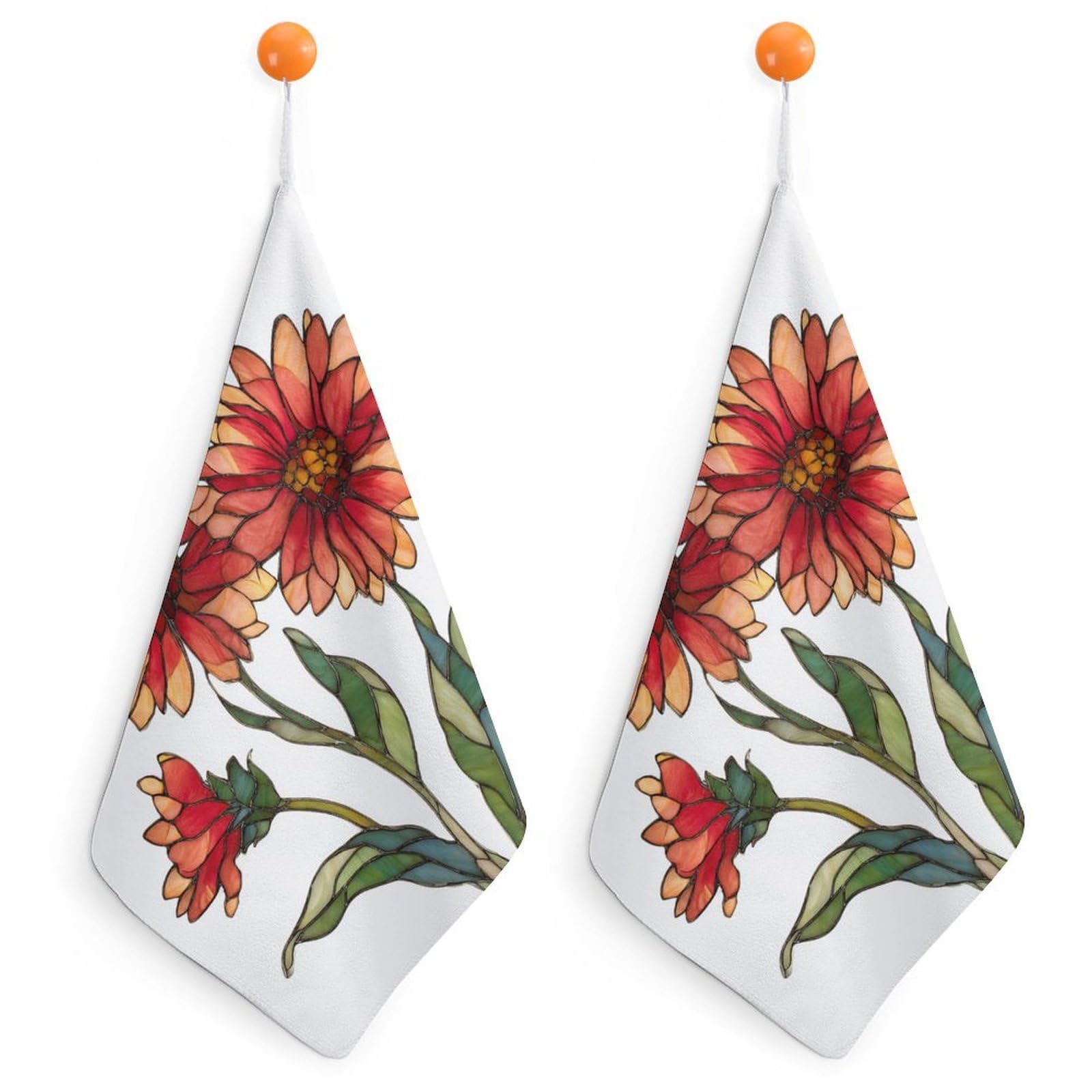 Jubonexis Stained Glass 3 Red Wildflower Small Hand Towel with Hanging Loop 2 PCS Absorbent Soft Wash Cloth for Kitchen Bathroom