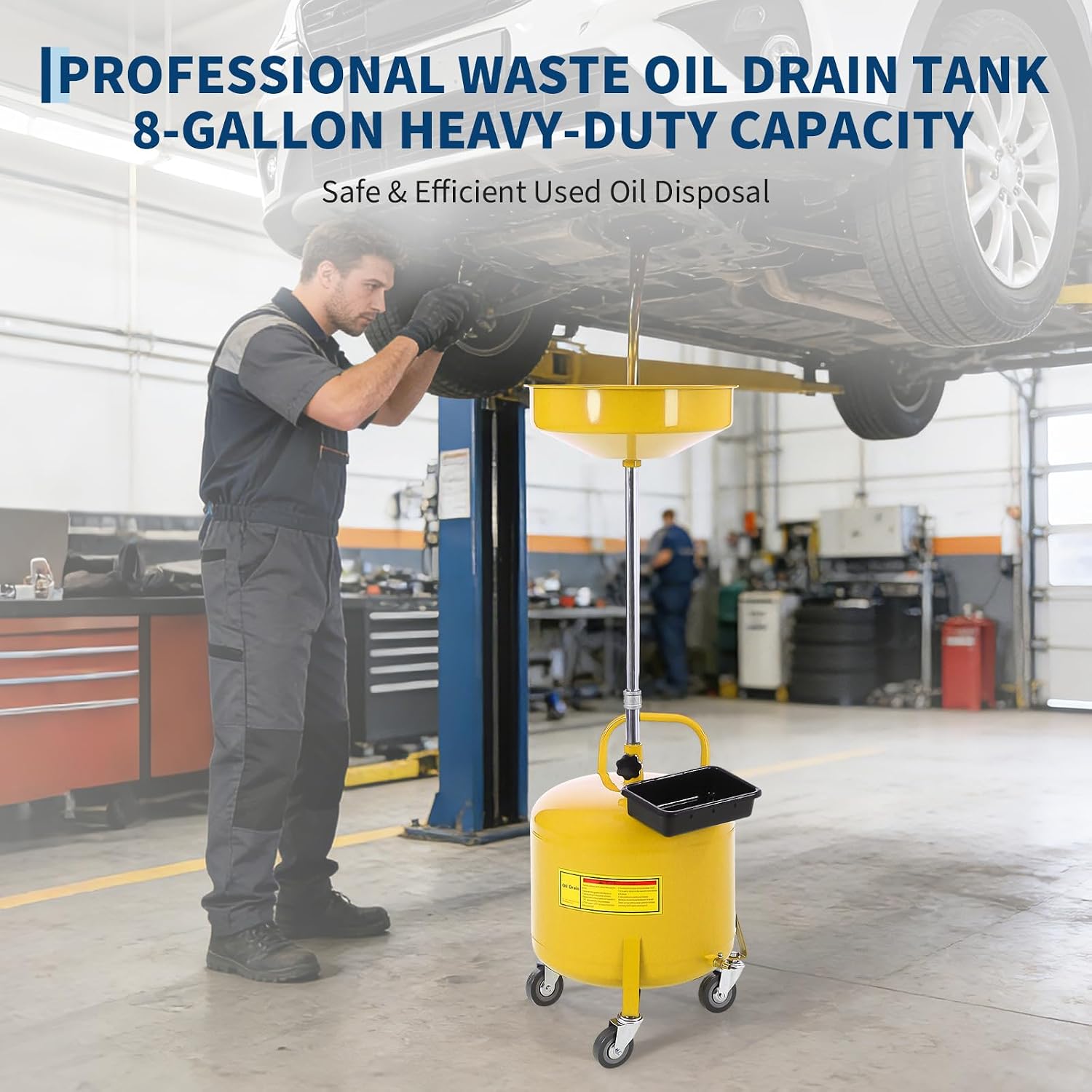 8 Gallon Waste Oil Drain Tank, Air Operated Oil Drain Container with Height Adjustable Funnel 38-63 Inch, 15 Inch Bowl, Toolbox, Pneumatic Drainer for Garage, Yellow