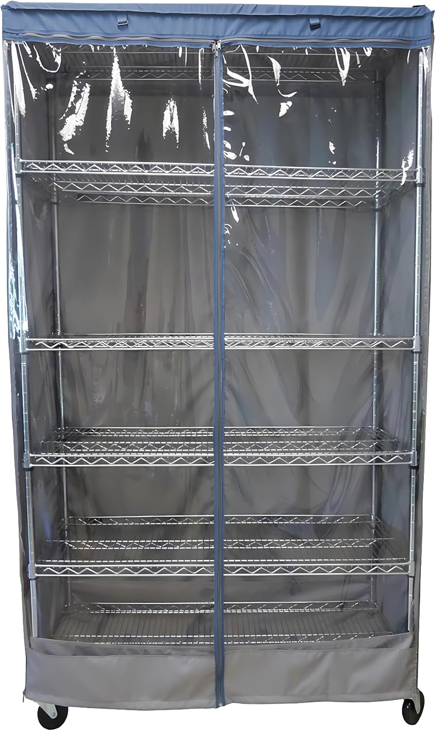 Formosa Covers | Storage Shelving Unit Cover for Metal Wire Utility Racks in Garage, Home, Kitchen, or Office Organization Grey and Clear PVC Viewing Panel and Blue Trim (48" W x 24" D x 72" H)