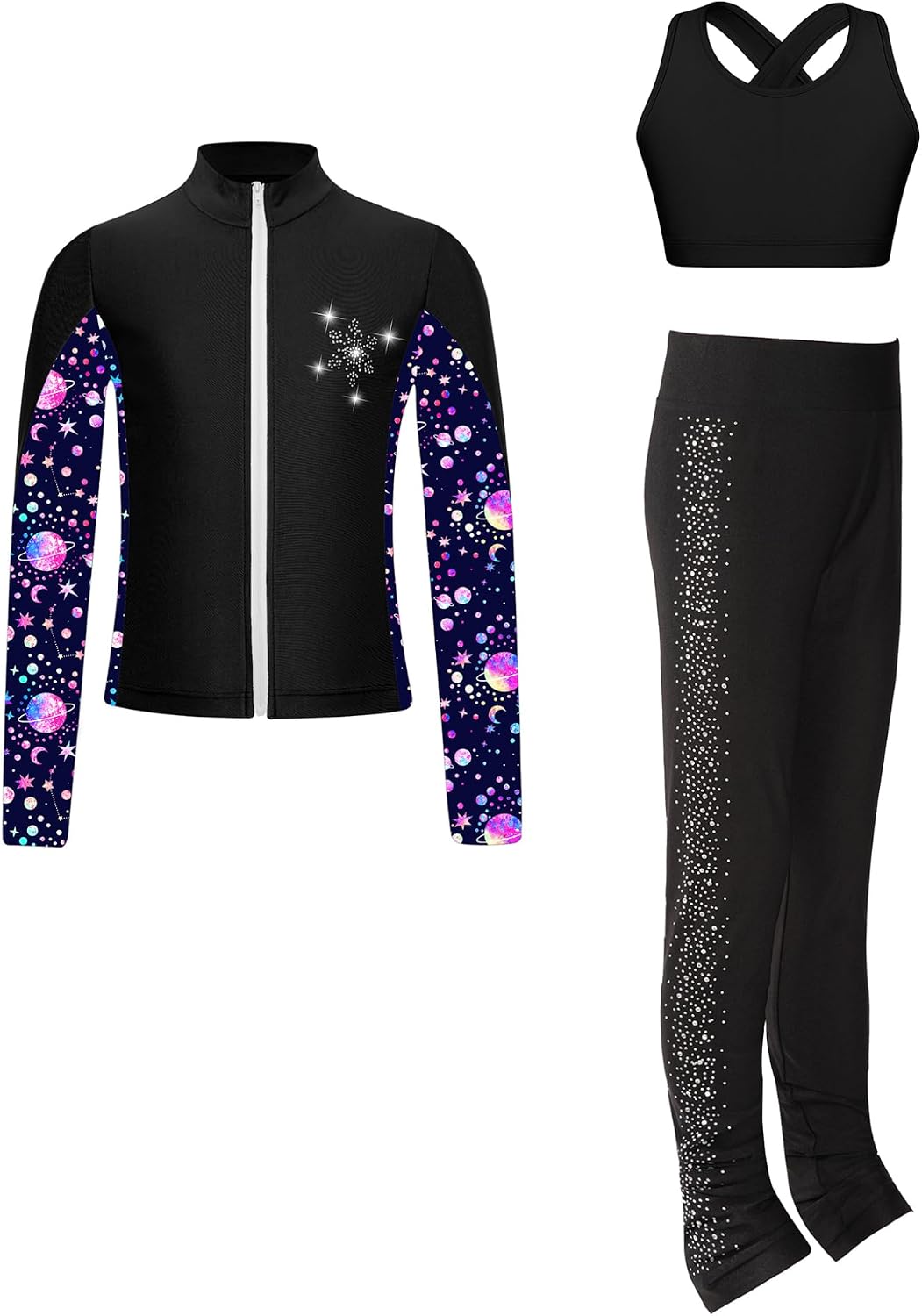 Hansber Kids Girls Ice Skating Training Outfits Sleeveless Crop Top and Leggings with Figure Skating Jacket Set
