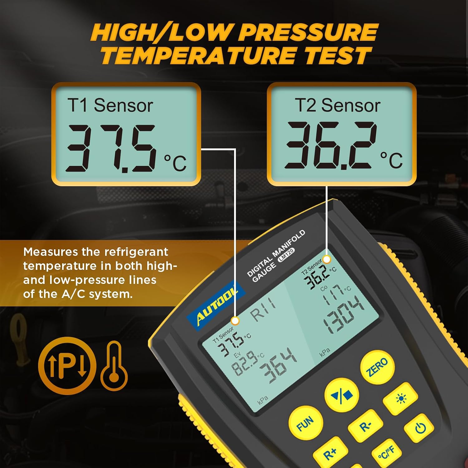 AUTOOL LM120 Digital Manifold Gauge – Intelligent Refrigerant Leak Detector for Automotive AC, Dual Pressure & Temperature Testing, HVAC Service Tool