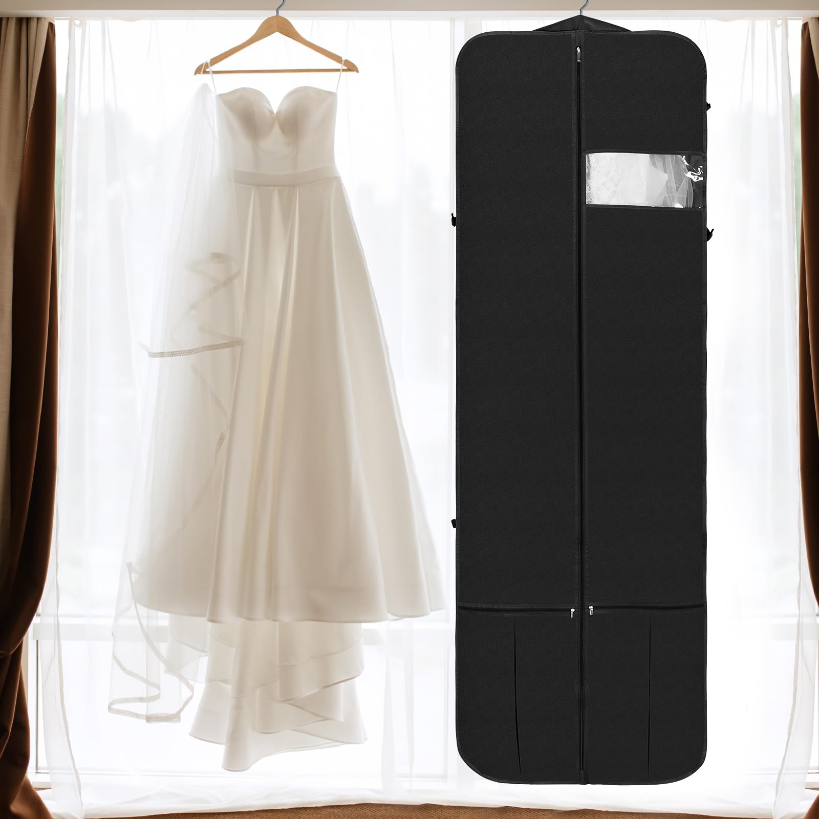 Univivi Sac de voyage pour robe de mariée, 183 cm, pour demoiselle d'honneur avec 4 poches zippées, sac de transport pour vêtements, costume de danse avec poignées réglables, pour voyage – Noir