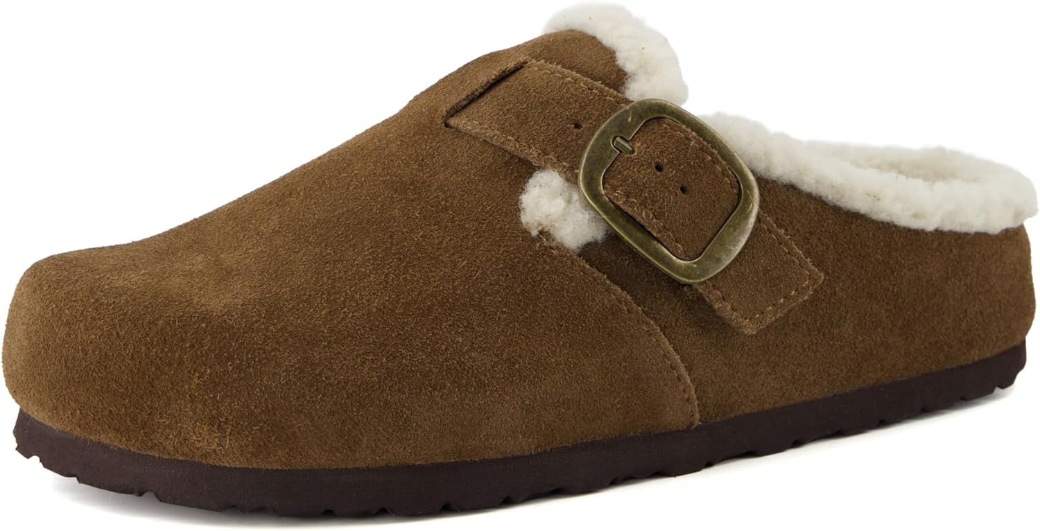 CUSHIONAIRE Haven Genuine Leather Clogs for Women – Faux Fur Lined Slip-On Womens Shoes with Cork Footbed and Adjustable Buckle - Image 9