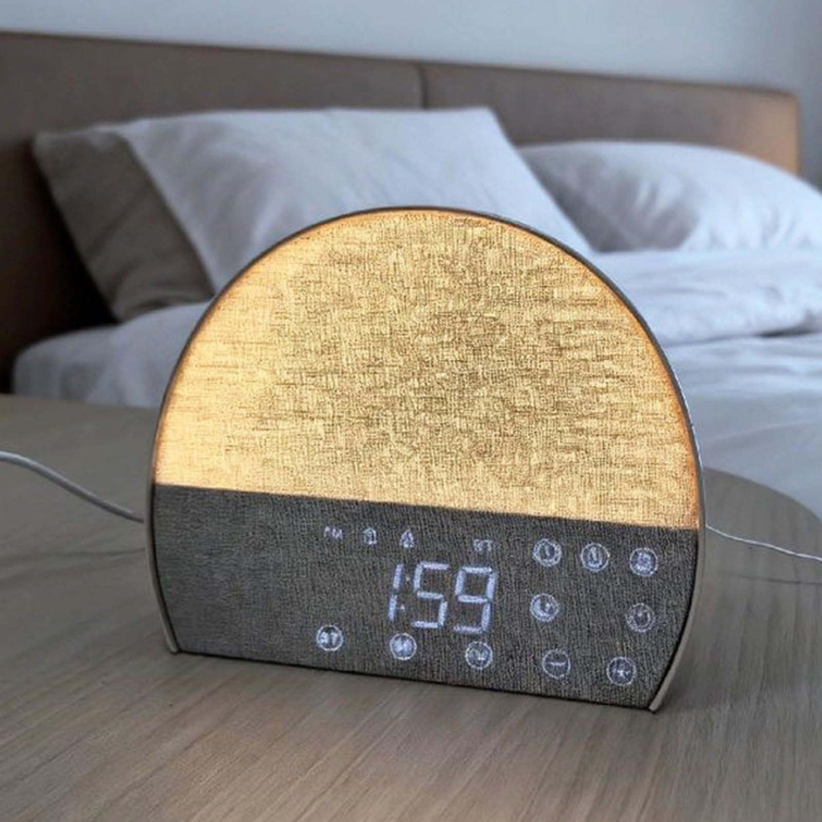 Nachttisch-Wecker aus Stoff mit Dual-Alarm, warmes Nachtlicht, weißes Rauschen und FM-Radio, Schlaf für Begleiter für entspannende Schlafumgebung, 18 x 16 cm