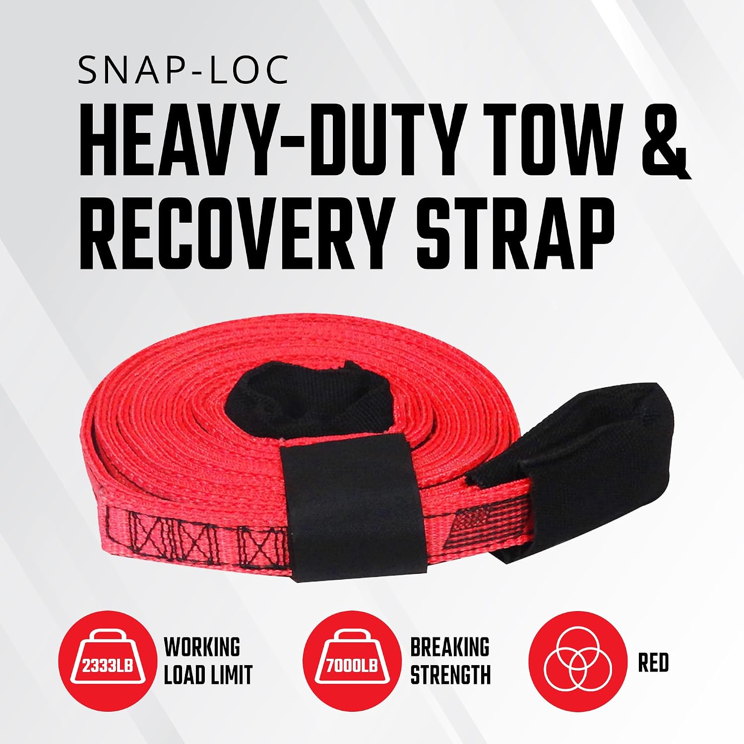 Tow & Recovery Strap 1" x15' 7,000 lb (USA!) with Hook & Loop Storage Fastener