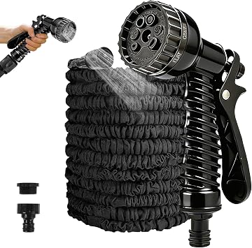 Hose Expandable Garden Hose, 100FT Water Hoses with 3/4", 1/2" Fittings, Anti-Leakage, Flexible Expanding Hose with 7 Function Spray Nozzle Black 30M