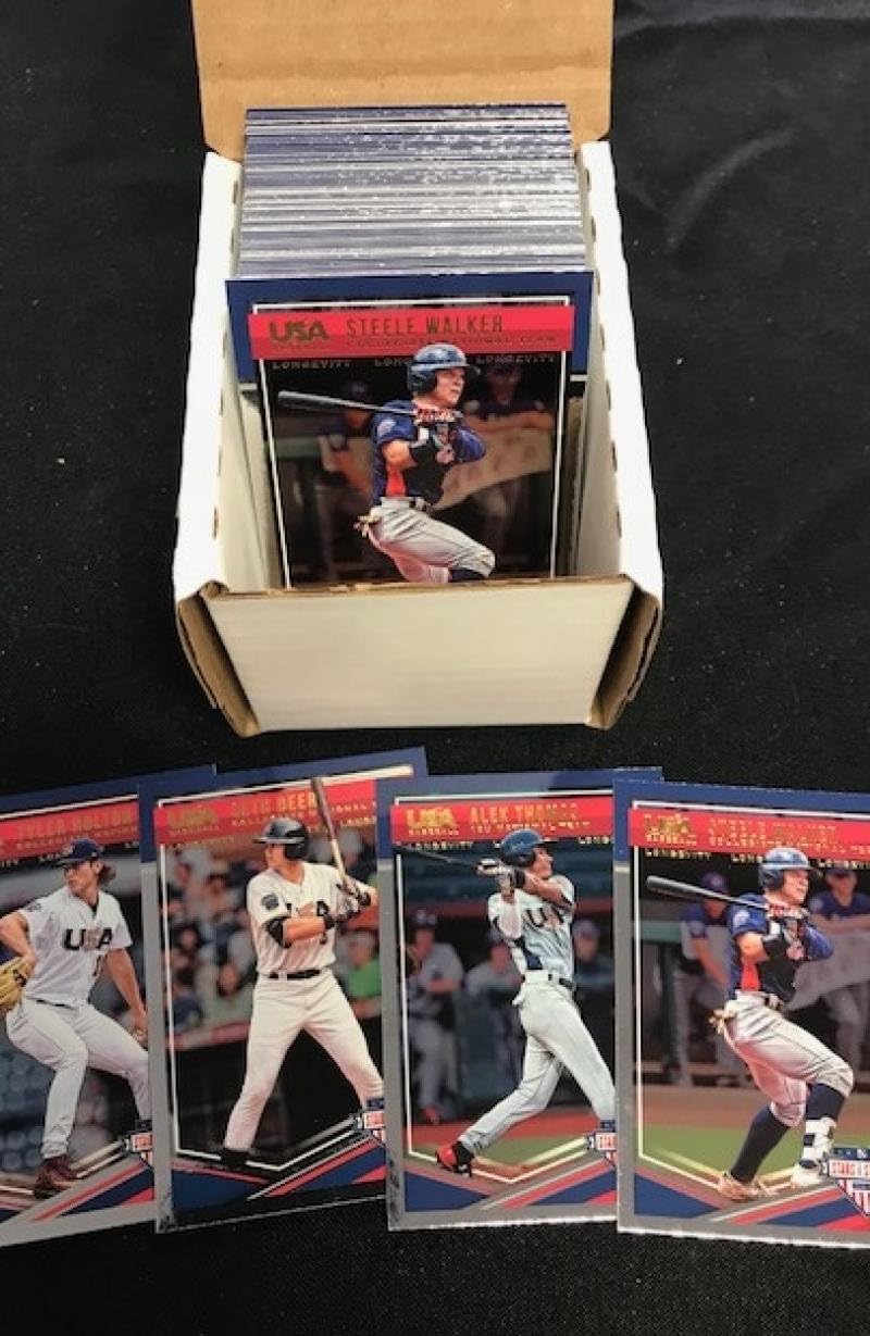 2018 Panini Stars and Stripes Complete Hand Collated Baseball Set of 100 Cards Includes 15 Under, 18 Under and Collegiate National Team. Many First Round Draft Picks and Prospects.