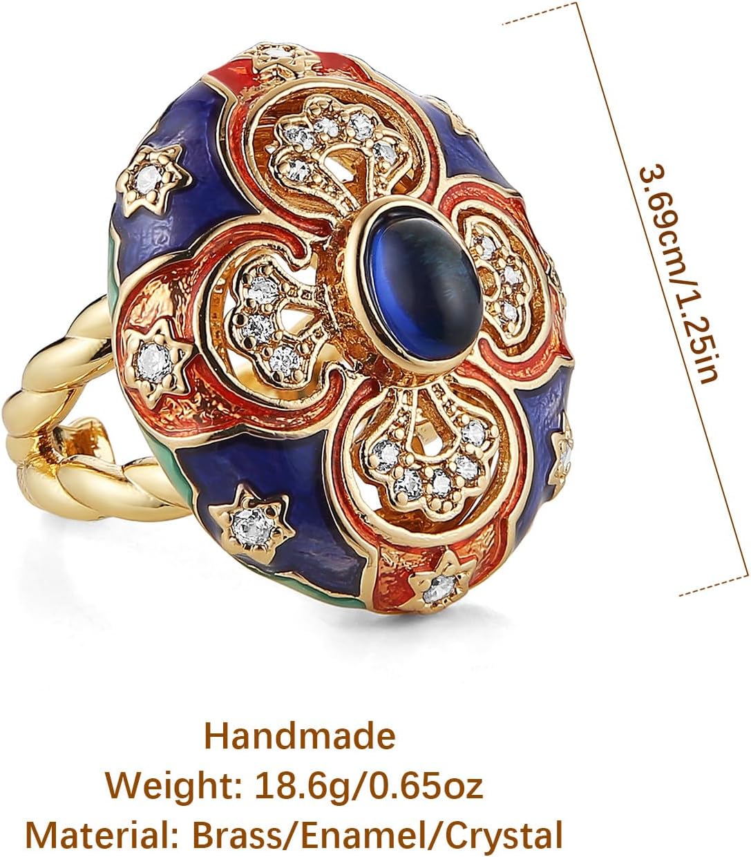 HZMAN Vintage Palace Style Chunky Cross Open Ring for Women, Adjustable Antique Brass Ring with Blue Crystal Center & Enamel Art, Handmade Statement Jewelry