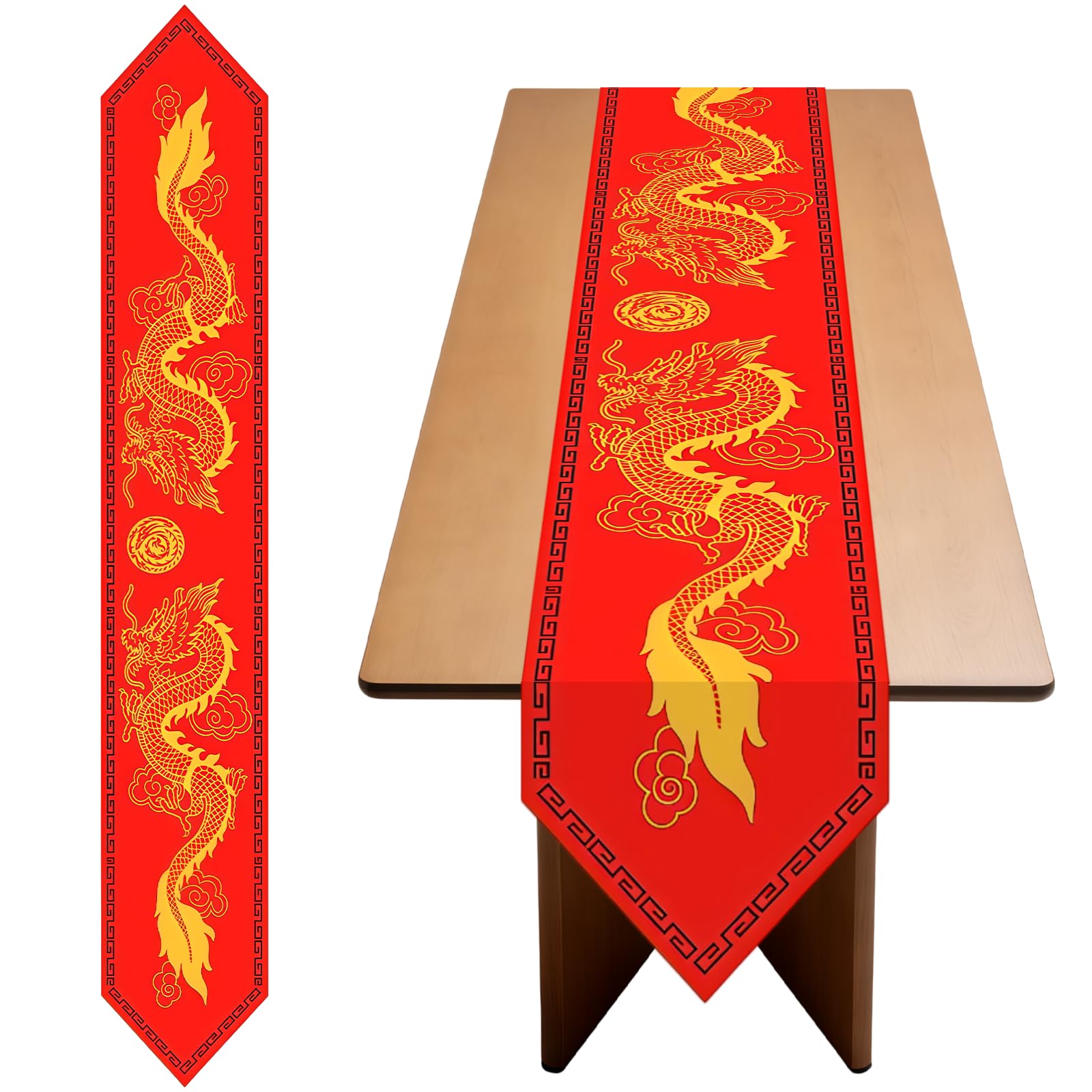 HAICN Chinese Dragon Printed Table Runner Chinese New Year Theme Red Table Cloth Seasonal Winter Kitchen Dining Table Decoration for Home Party Table Decor（33*183cm）