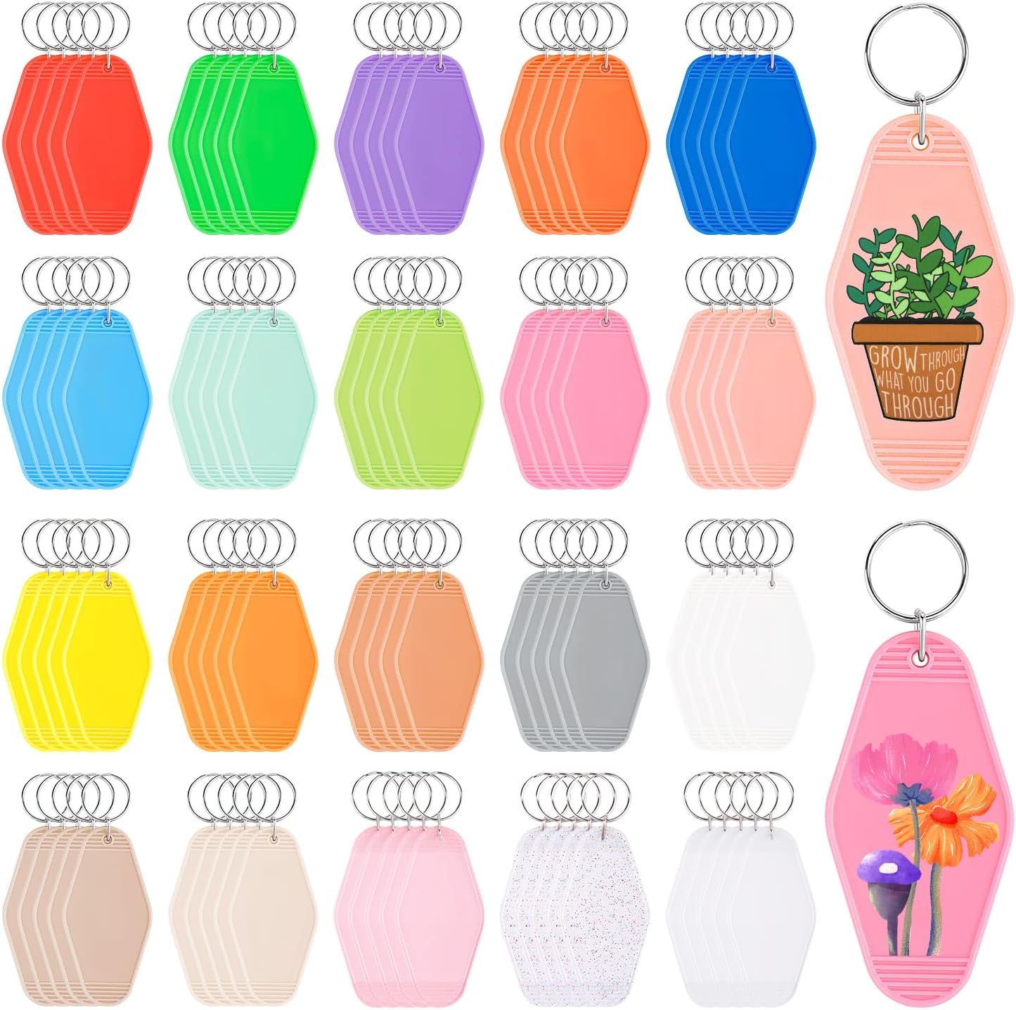 100 PCS Hotel Keychain Blank with Key Rings,20 Colors Rainbow Plastic Rhombus Vintage Motel Keychains Blank for DIY Sublimation Luggage Tag Label Craft Gifts Decorations