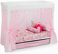 Vista 3 de Emily Rose Cama con dosel de princesa de 18 pulgadas, madera blanca con cortinas de tul rosa, juego de ropa de cama de 5 piezas y cajón