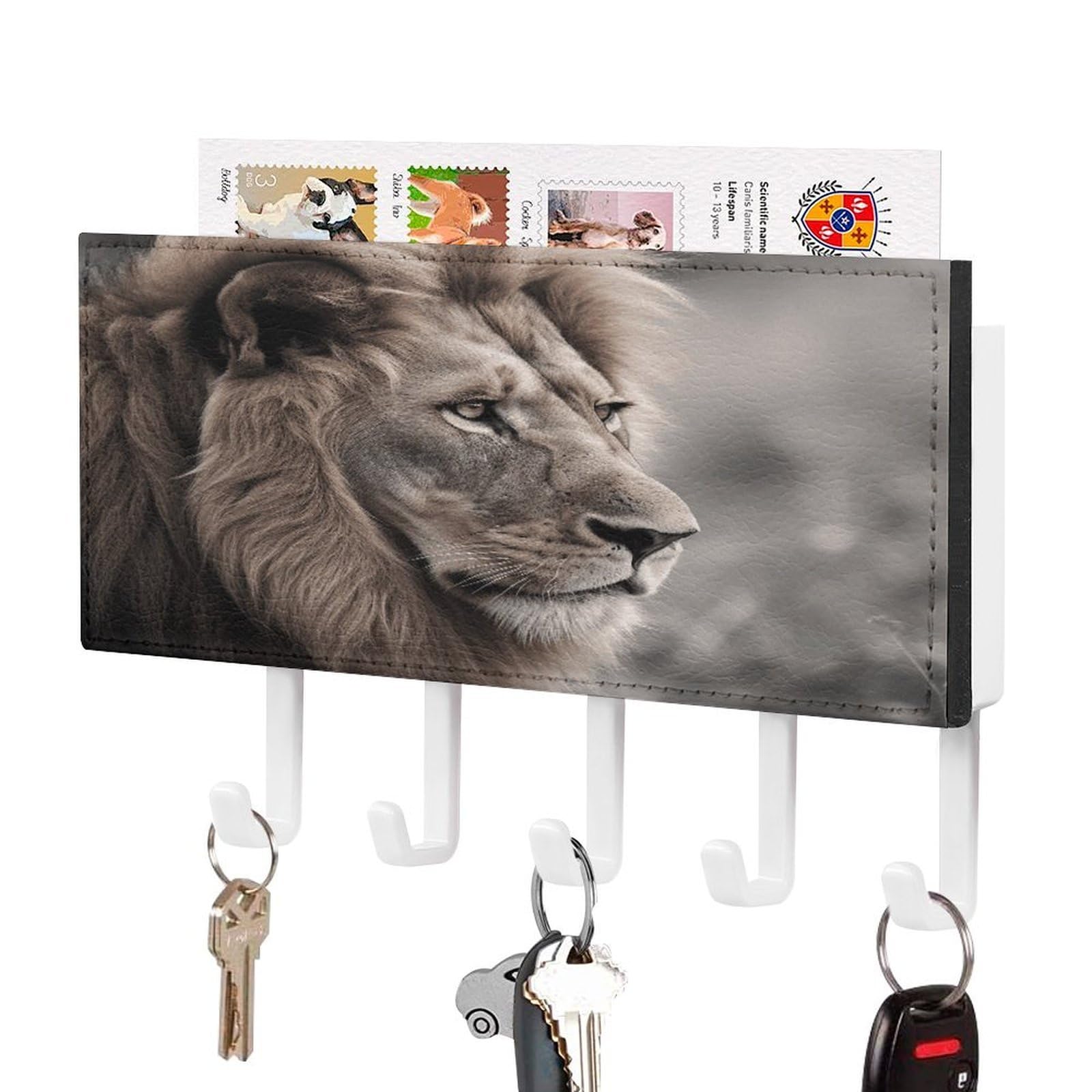Fekiloot White-Style Wildlife Lion Key Holder Wall Mount Key Hanger With 5 Hooks Decorative Key Rack Hanging Key Hooks With Mail Organizer Key Holder For Wall Living Room Kitchen Bathroom Hallway White