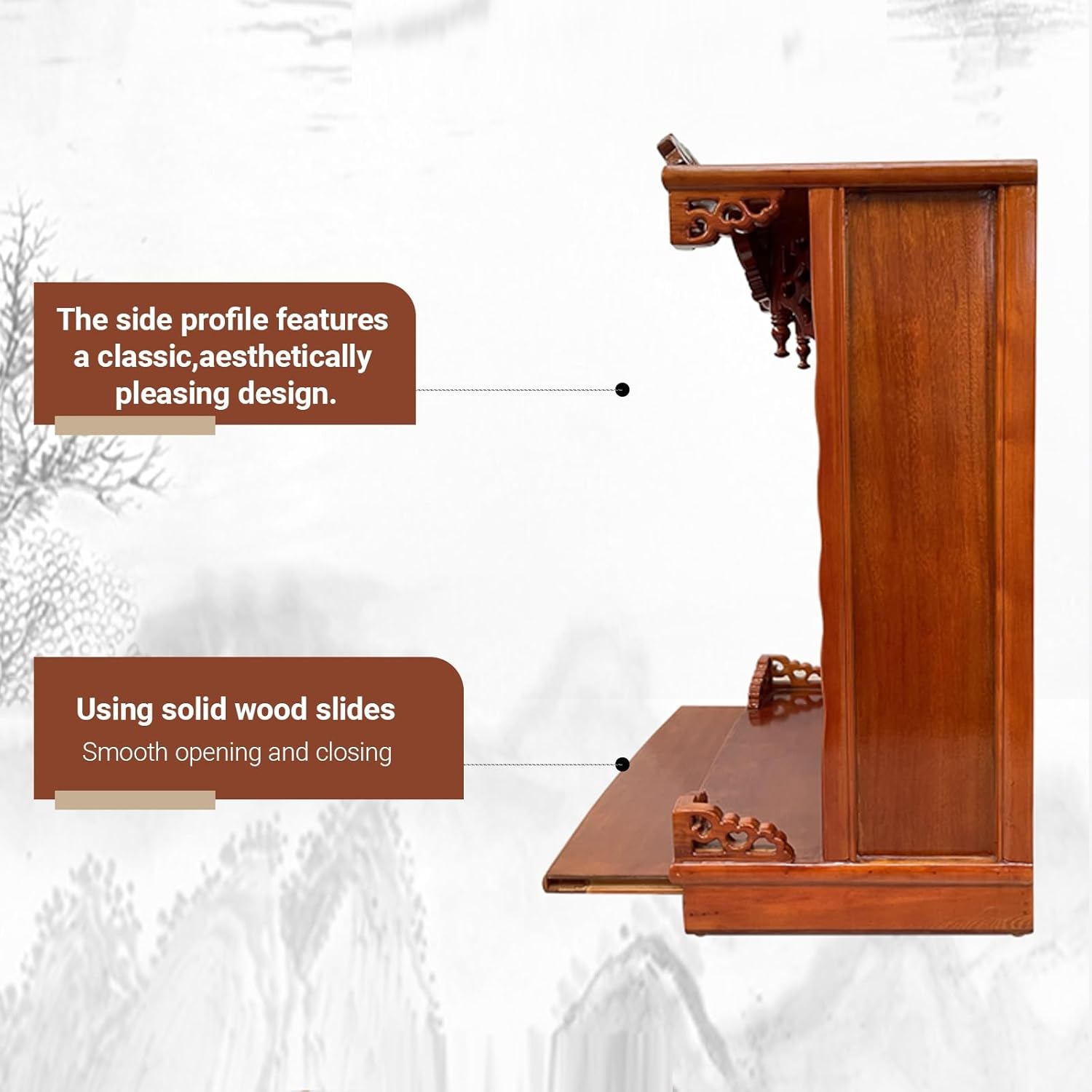 Wall mounted/desktop wood buddhist altar，Guan Gong Guanyin Pooja Statue Display Cabinet，Household Shrine Meditation Table, with Drawer for Pooja and Incense Tribute(Black Walnut,46cm/18.1in)