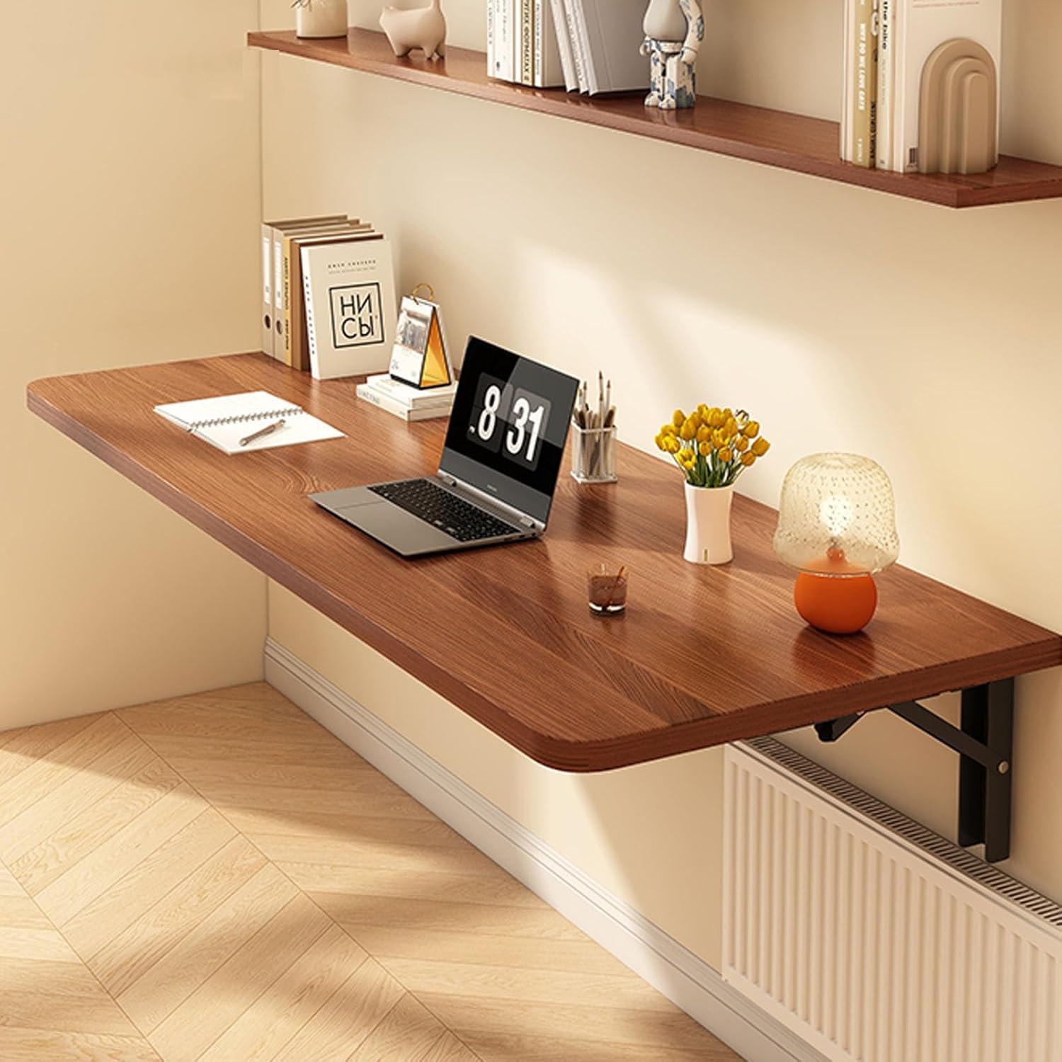 Wall Mounted Folding Table Wall Mounted Desk Drop Leaf Dining Table Kitchen, Hanging Table for Study, Capacity 60KG, Bedroom, Bathroom, Balcony Space Saving(Walnut,60x30cm)