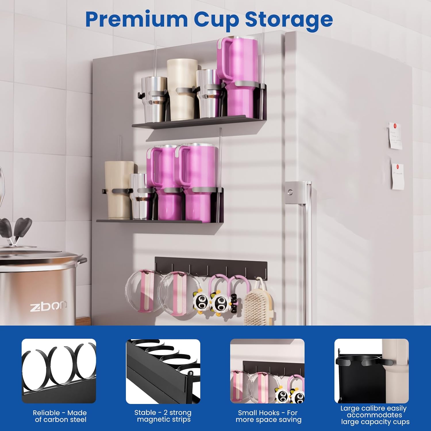 CINPIUK Magnetic Cup Rack for Stanley 30/40oz Tumbler, 3 Pcs Refrigerator Organizer for Water Bottle with Hook, Space Saving Wall Mount Storage Holder Fits Yeti, RTIC, Hydro Flask, Hold 6 Cups - Image 4