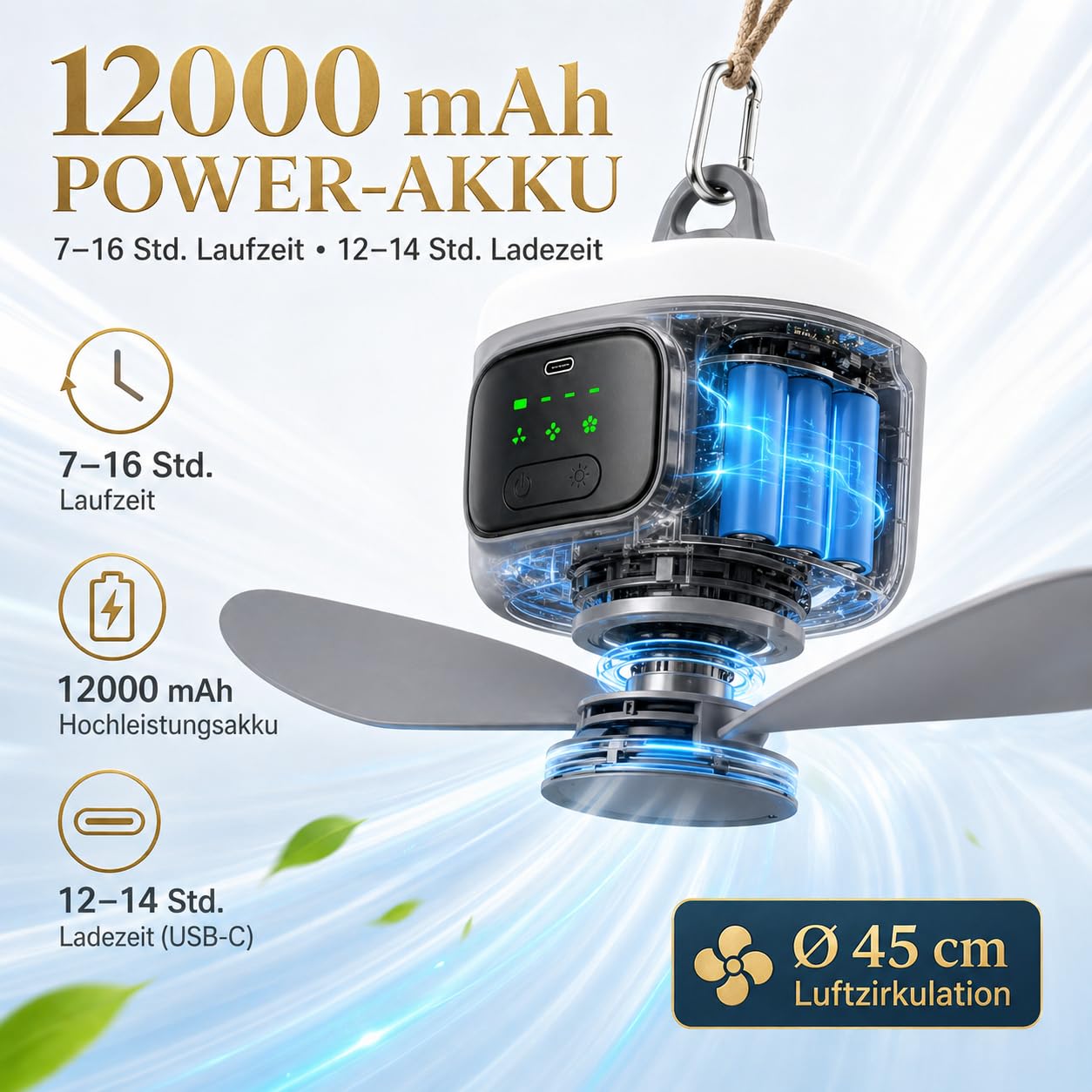 Ventilador de techo con iluminación de 45 cm, batería de 12000 mAh, portátil, ventilador de camping con luz y mando a distancia, temporizador, 3 niveles, recargable por USB, ventilador de exterior