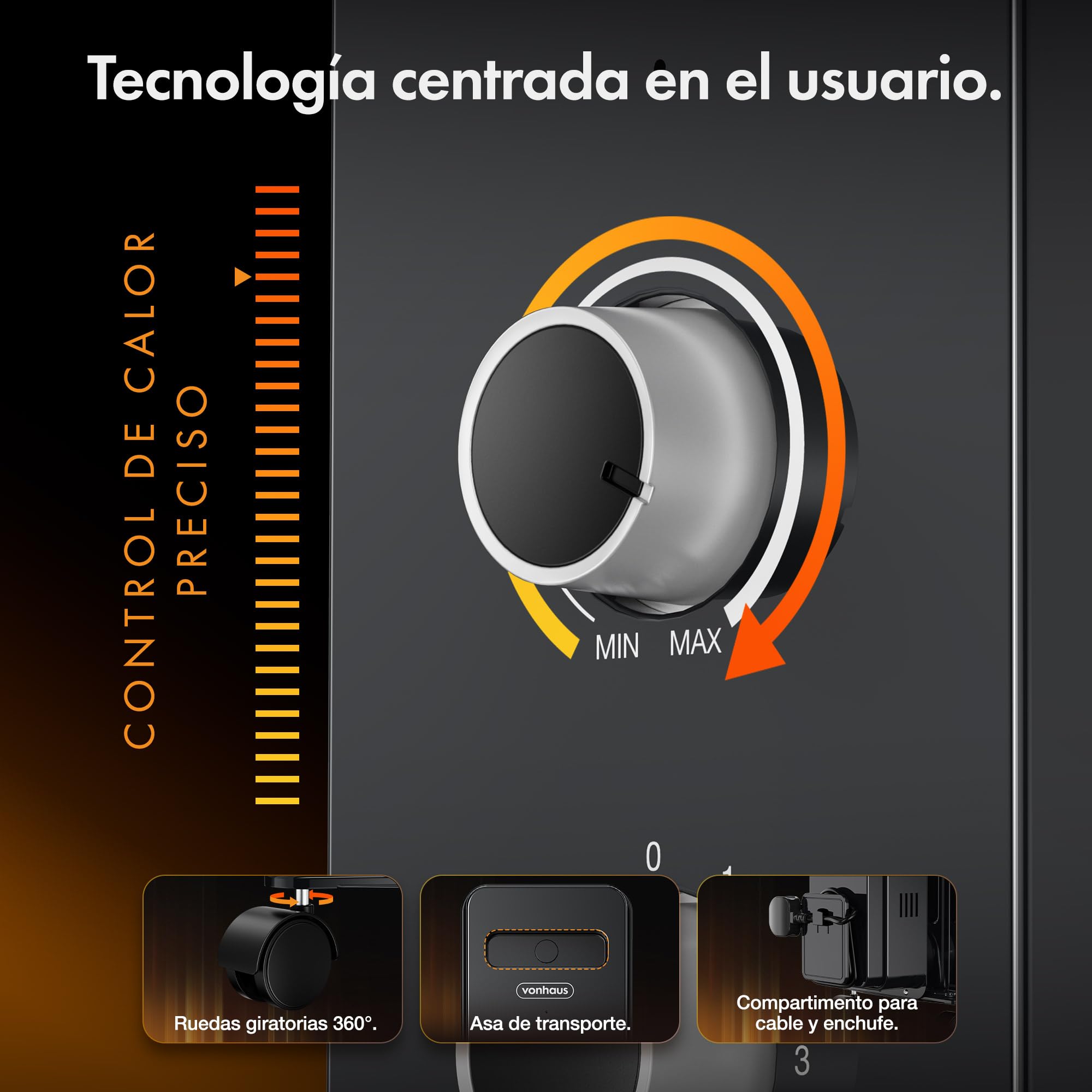 VonHaus Radiador Eléctrico de Aceite de 9 elementos – Calefactor Eléctrico Bajo Consumo Portátil 2000 W - Termostato Ajustable, 3 Niveles de Calor, 4 Ruedas, Cable 1,5 m (Negro)