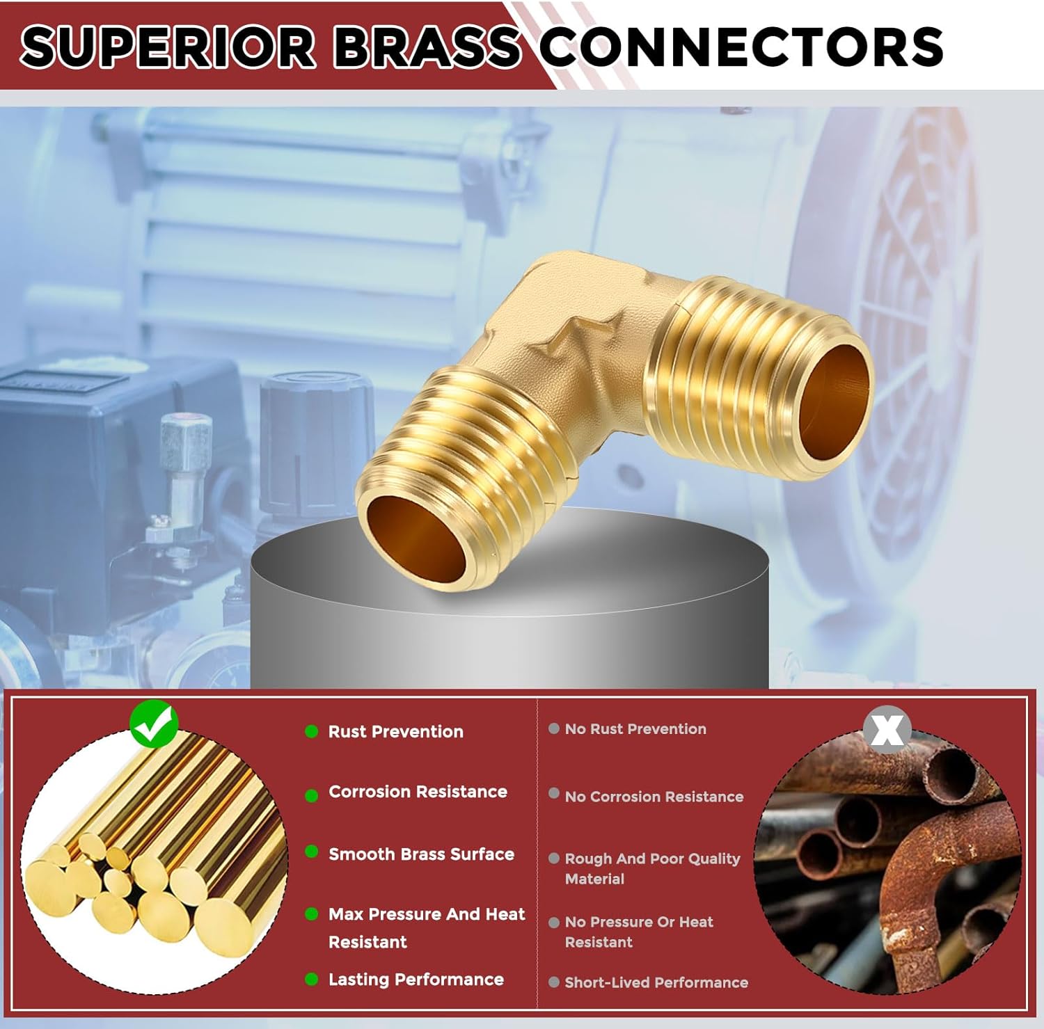 Pack of 2, 90 Degree 1/4" NPT Male to 1/4" NPT Male Solid Brass Barstock Street Elbow, Forged Pipe Fitting for Pipe Leak Repair, Bathroom Remodeling, Tool Extensions, Compression