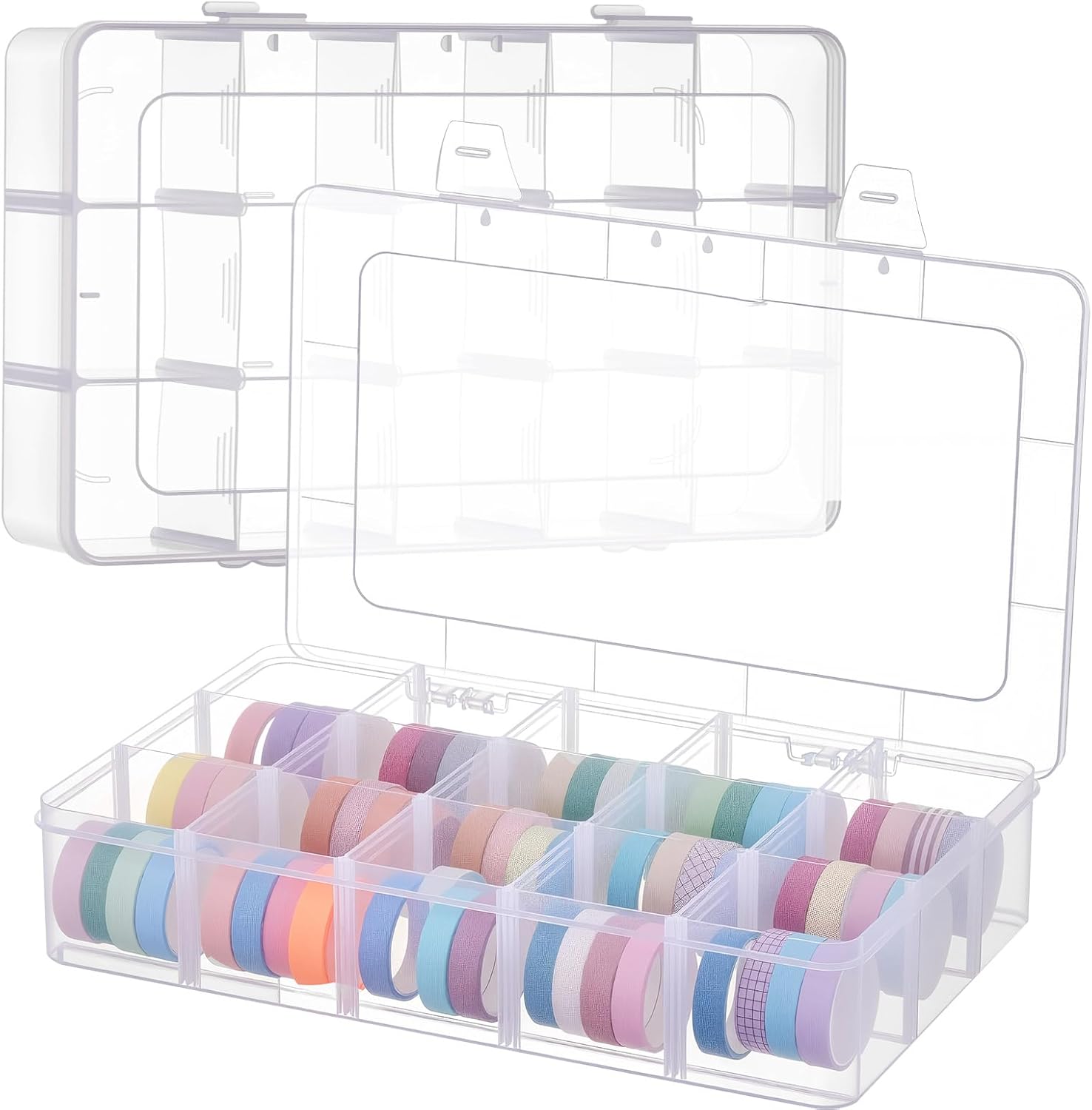 Leinuosen 3 Pack Clear Washi Tape Organizer Storage 15 Grids Plastic Organizer Box Adjustable Dividers for Jewelry, Washi Tapes, Art DIY Crafts, Beads and Small Parts