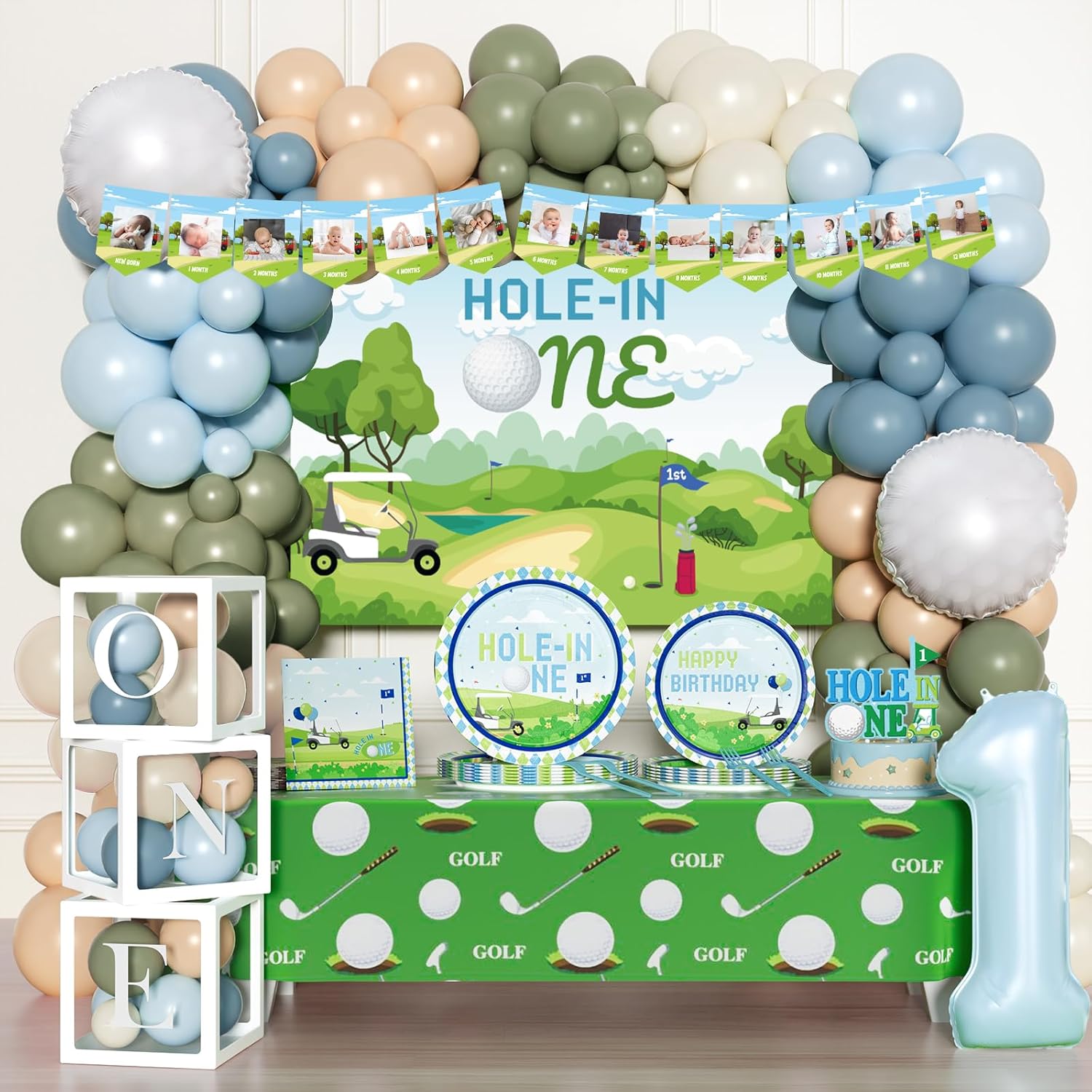 Hole in One Birthday Decorations, 219 PCs Golf First Decoration for Boy 1 Year Old Party Supplies Tableware Set with Balloon Boxes, Plates and Napkins, Photo Banner, Backdrop, Tablecloth Cake Topper