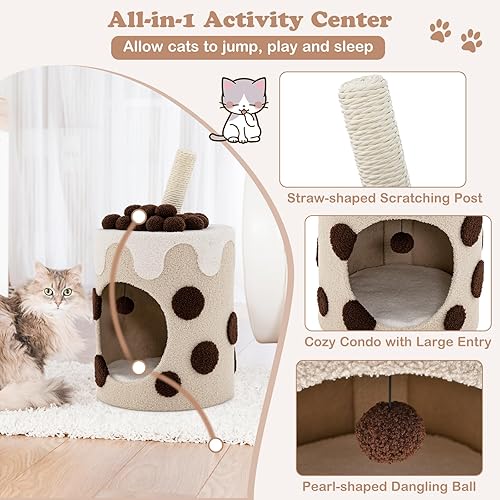 Miniatura 5 de Tangkula Torre de árbol para gatos de té de burbujas, muebles de condominio para gatos de 26.5 pulgadas con poste rascador, juguete de bola