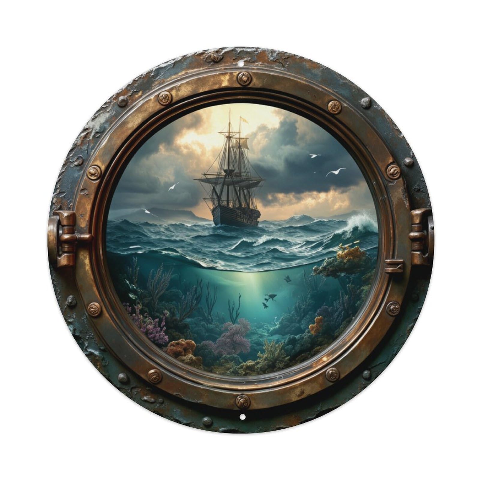 Ocean Ship Coral Reef Waves Round Tin Sign Vintage Metal Poster, Home Bar Garage Man Cave Cafe Indoor & Outdoor Wall Decoration 8x8Inches