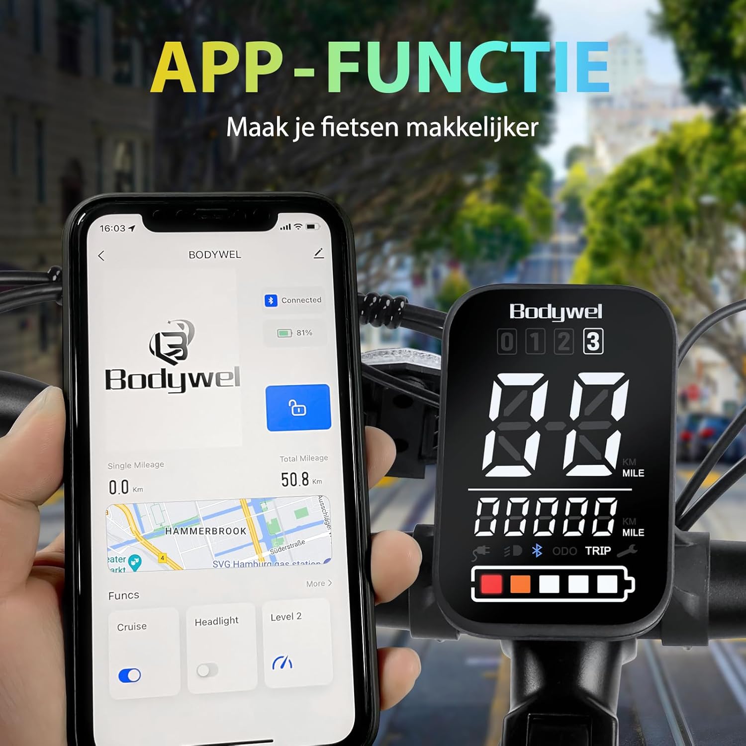 Bodywel A275 display with smartphone showing app connection