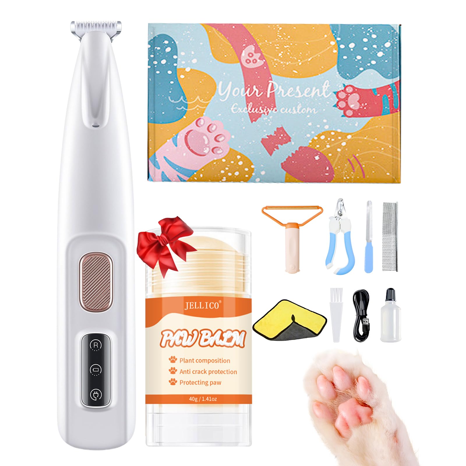 UNQBWE Dog Paw Trimmer with LED, Paw Trimmer for Dogs, Dog Grooming Kit, Dog Hair Trimmer, Dog Clippers with Double Blades, Low Noise, Waterproof,