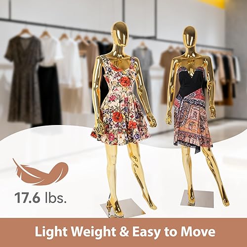 Miniatura 7 de Kinfant Maniquí femenino de cuerpo completo dorado, elegante maniquí femenino alto con base de metal estable, pantalla de forma de vestido de manne