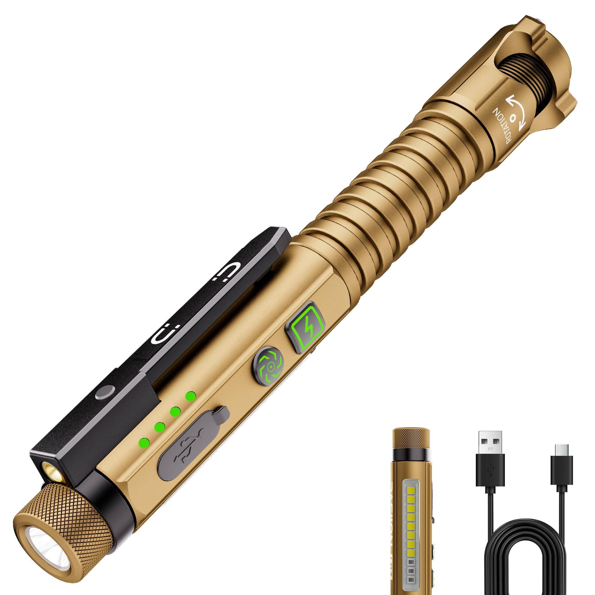 EDC Flashlight Rechargeable,800 Lumen Small Flashlight with Magnetic Clip &amp; Base, 11 Modes LED Flashlight,Glass Breaker&amp;Bottle Opener, USB-C Flashlight for Working,Home and Emergency