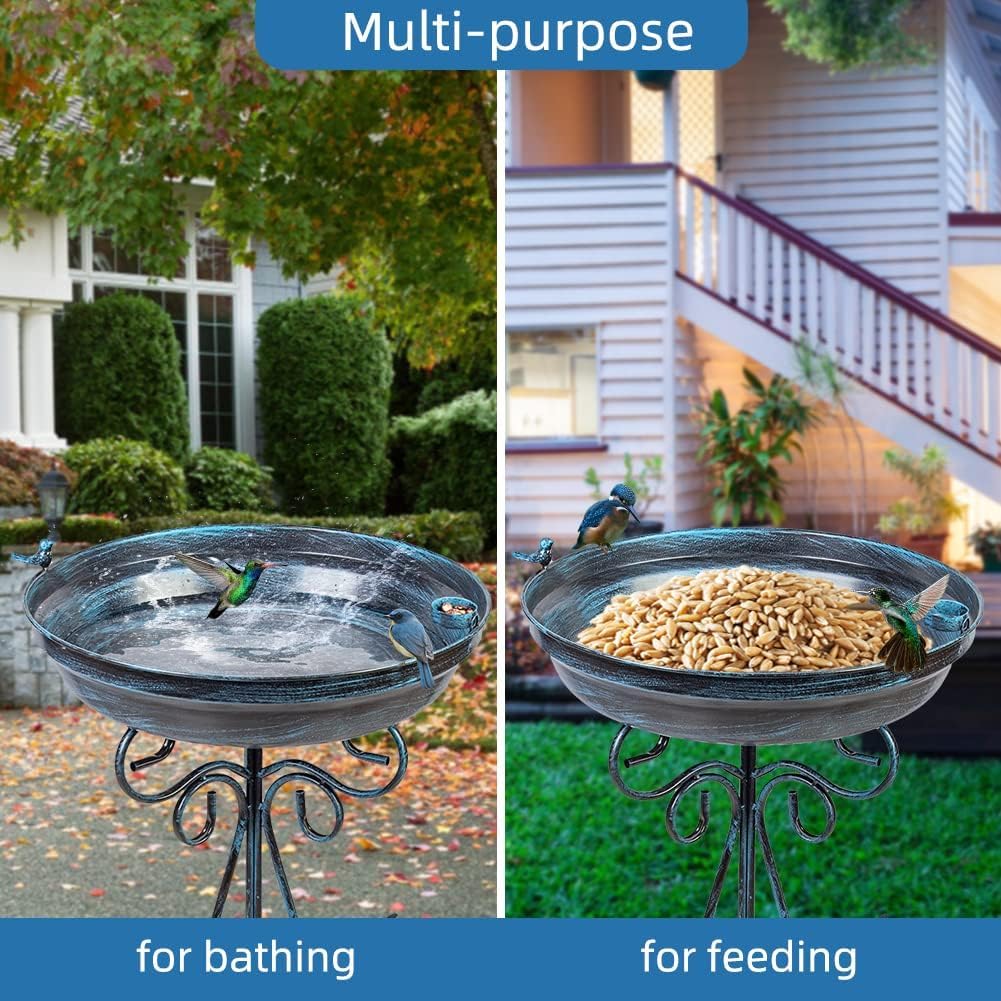 VEWOGARDEN Large Metal Bird Bath for Outside Garden Standing Birdbath with Folding Bracket for Outdoors Yard Patio Decoration, Blue