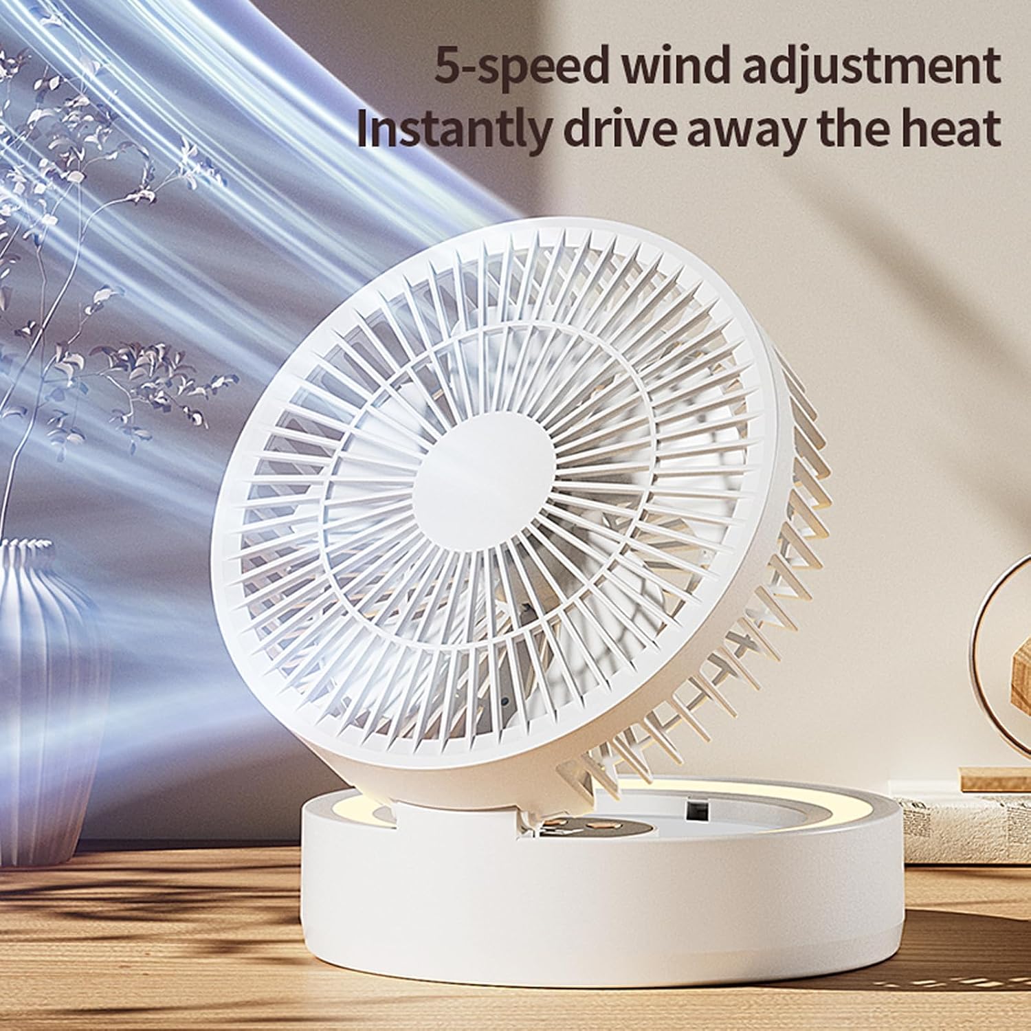 Small Portable Stand Desk Fan For Bedroom, 5 Speeds & Ligting Mirror & Wireless & Time Setting, Foldable and Adjustable Mini Table Cooling Fan At Office, White