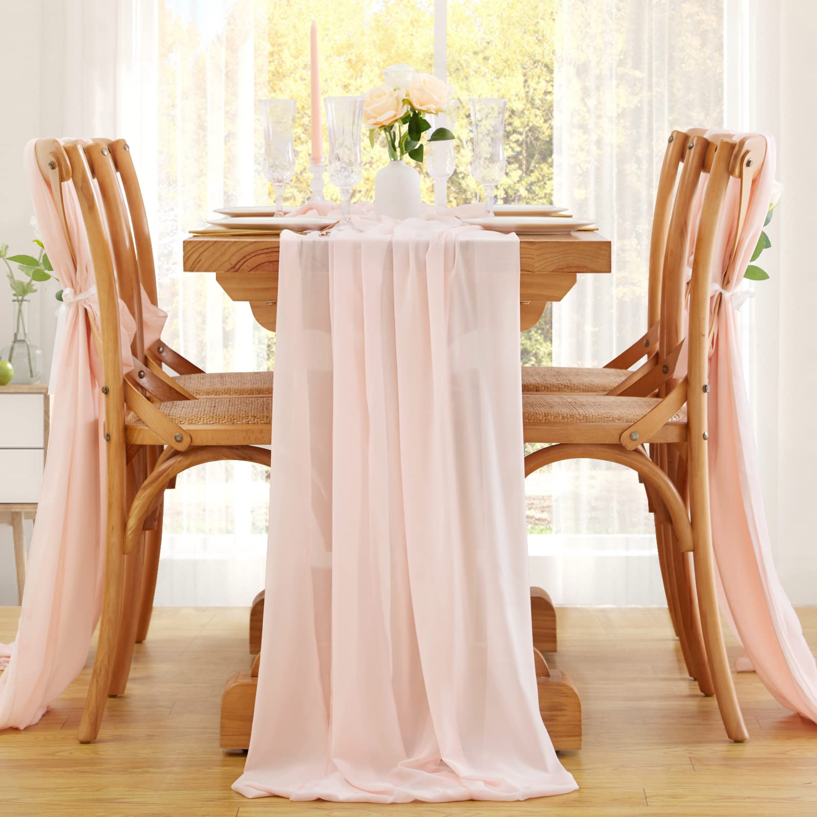 SoarDream Camino de mesa de gasa romántico, 5 paquetes de 27 x 120 pulgadas, color melocotón claro, camino de mesa rústico para bodas, eventos, cumpleaños, fiesta, decoración de silla