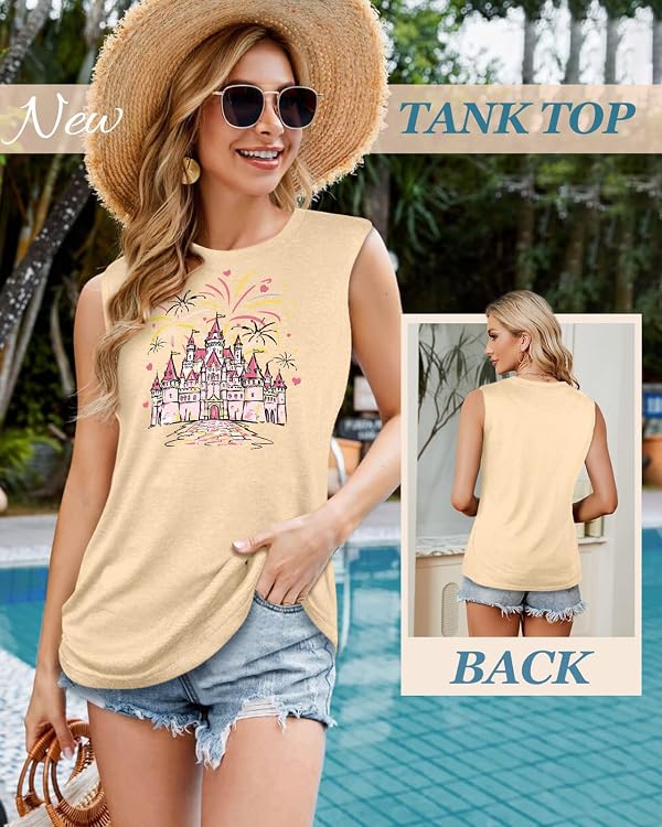 Flafens Tank Top for Women - Cute Womens Summer Graphic Cotton Sleeveless T Shirts Crewneck Tops Workout Gym Basic Tunic Castle, Large by Flafens - Used condition - Image 3