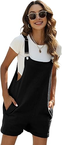 Athlisan Overol corto de algodón y lino para mujer, con bolsillos, con pechera