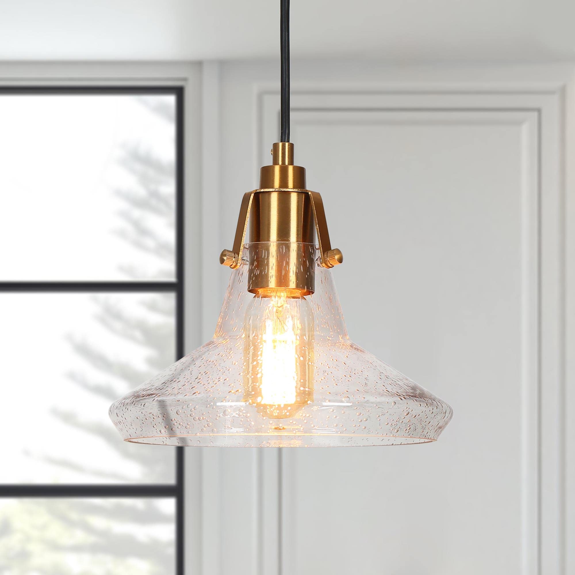 ZEVNI Modern Island Light for Kitchen, 1-Light Black and Gold Pendant Light for Kitchen Island, Hanging Kitchen Island Lighting with Seeded Glass Shades, 8.5" Dia