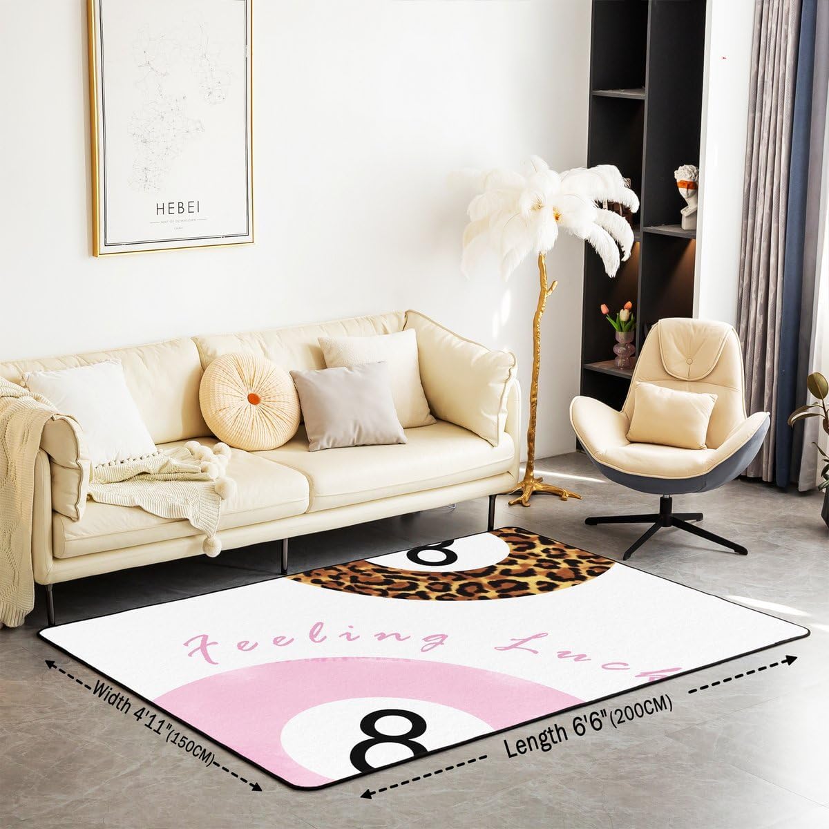 Manfei Fashion Leopard Kids Area Rug,Aesthetic Cheetah Modern Art Indoor Floor Mat Entrance Rug for Girls Boys,Trendy Lucky 8 Ball Non Slip Rug,Pink White Brown Couch Living Room Decor,3'x5'