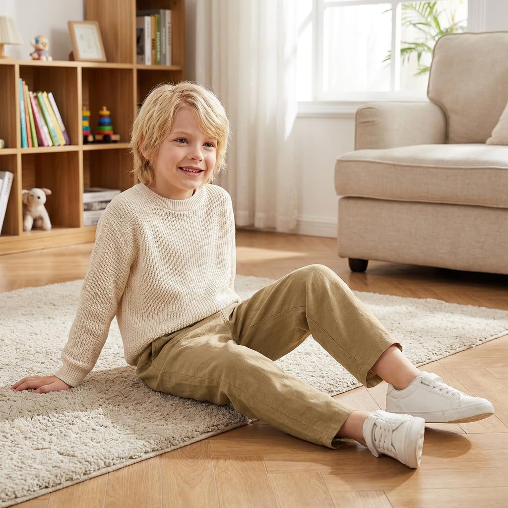 CUNYI Boys School Uniform Pant Pull On Cotton Pants Lightweight Thin Solid Color Casual Elastic Waist