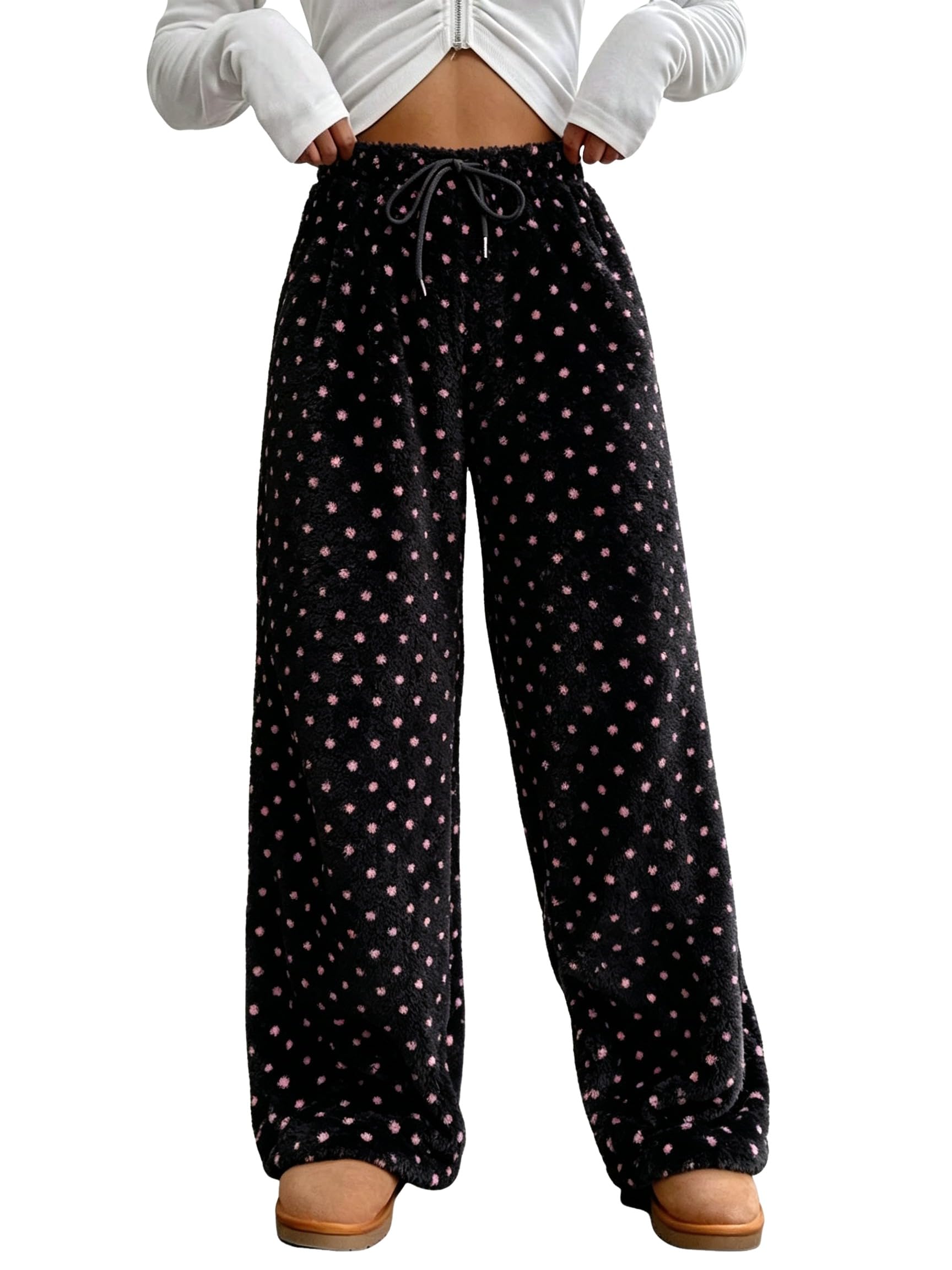 ZAFUL Women's Fuzzy Plush Pajama Pants Wide Leg Pj Bottoms Lounge Pants