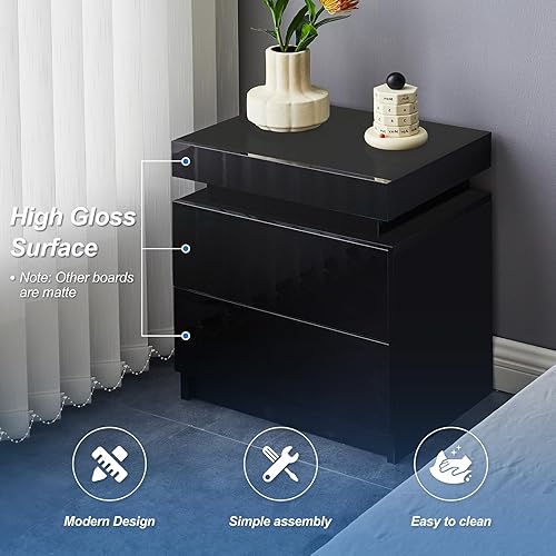 Miniatura 3 de CLIPOP Juego de 2 mesitas de noche blancas, modernas luces LED con control remoto, 3 cajones de alto brillo para muebles de dormitorio, mesita de