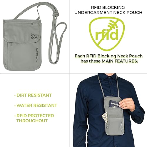 Miniatura 6 de Travelon Cartera de viaje con bolsa de cuello para ropa interior, Gris, Bolsa de cuello de ropa interior con bloqueo RFID