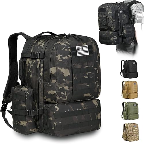 DBTAC Mochila táctica de 50 L, grande, clásica, militar, paquete de asalto, bolsa Molle para senderismo al aire libre, viajes, trabajo, Camo Negro,