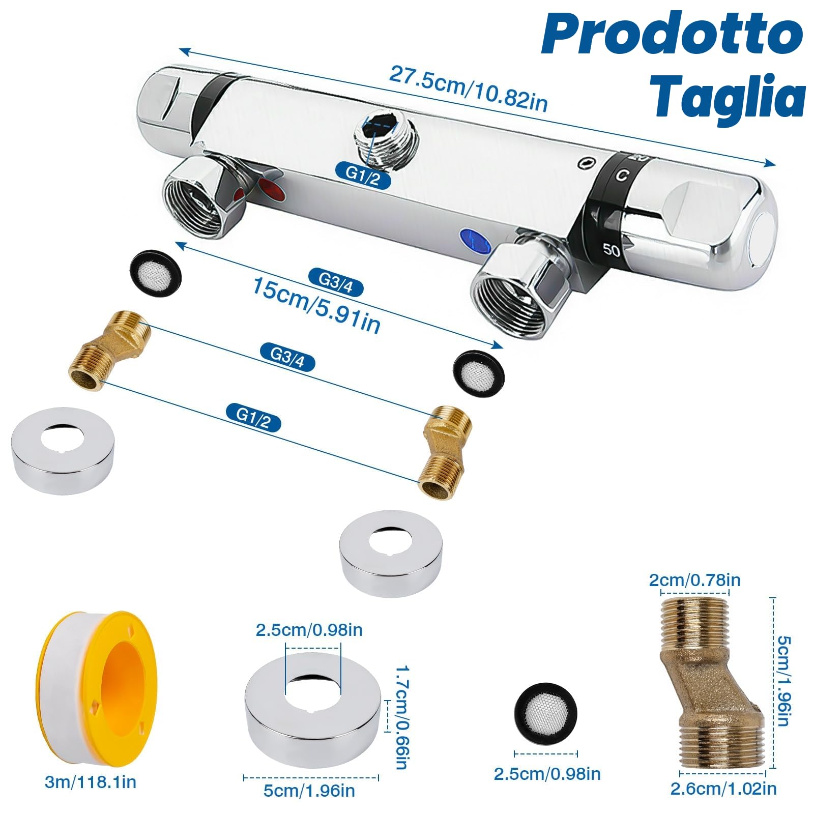 Miscelatore Doccia Termostatico G 1/2" a due Uscite, Blocco di Sicurezza 38°