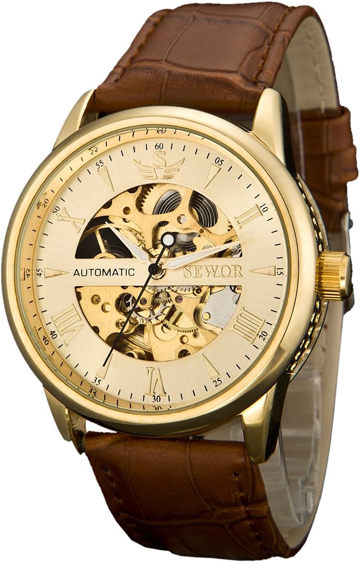 SEWOR Men's Automatic Business Mechanical Self Wind Wrist Watch Luxury Case (Gold)