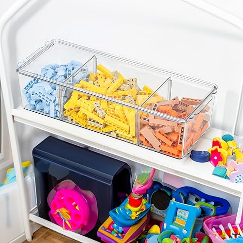 Miniatura 3 de Contenedor de almacenamiento de plástico transparente con tapa y 3 compartimentos divididos, apilable transparente y larga caja de almacenamiento