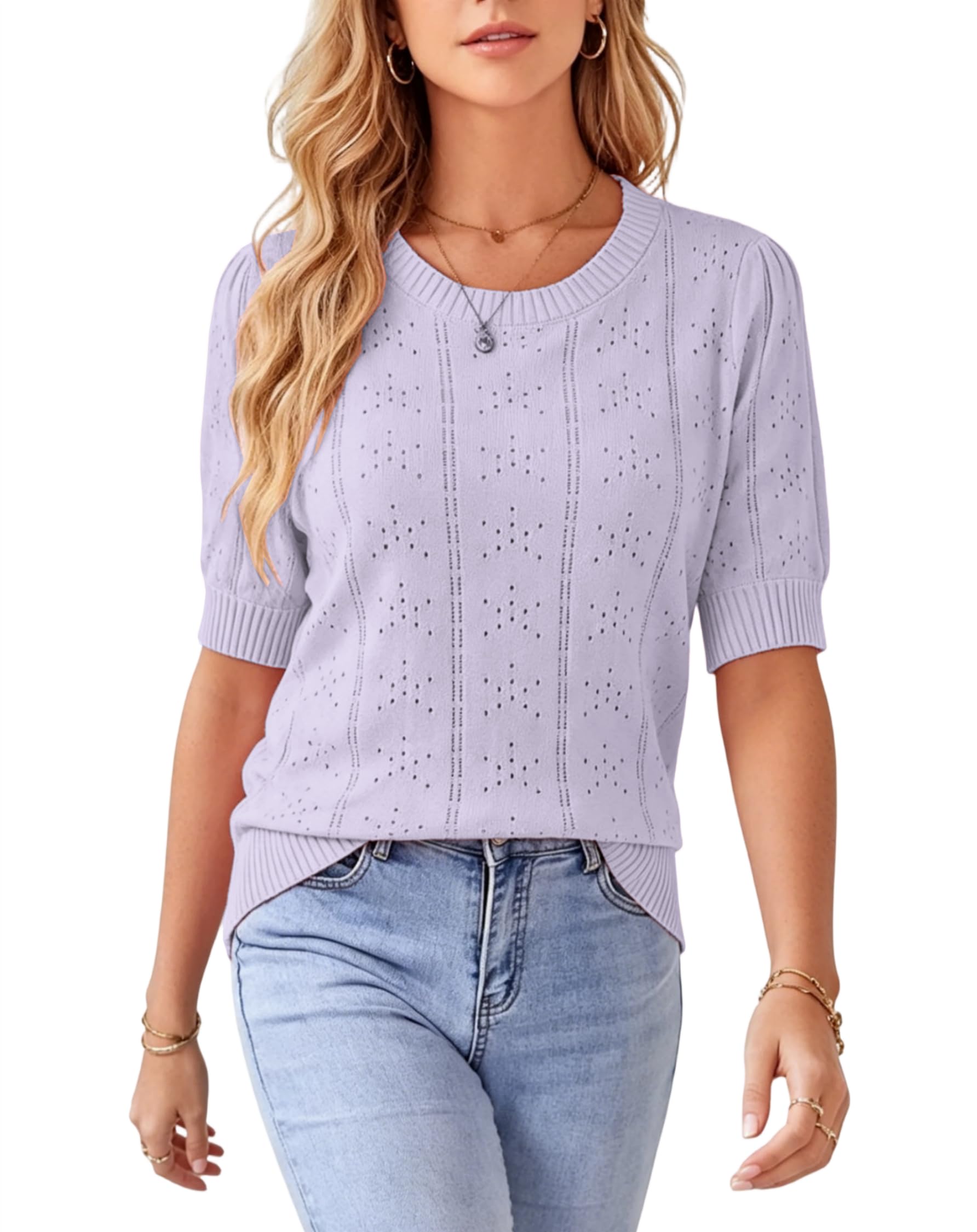 Timuspo Kurzarmpullover Damen Puffärmel Elegant Shirt Kurzarm Pullover Oberteile mit Rundhals Ausgehöhlte Lässige Casual Bluse