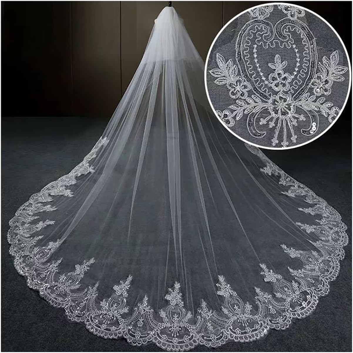 138inch White Cathedral Wedding Veil with Lace Edge & Comb for Brides