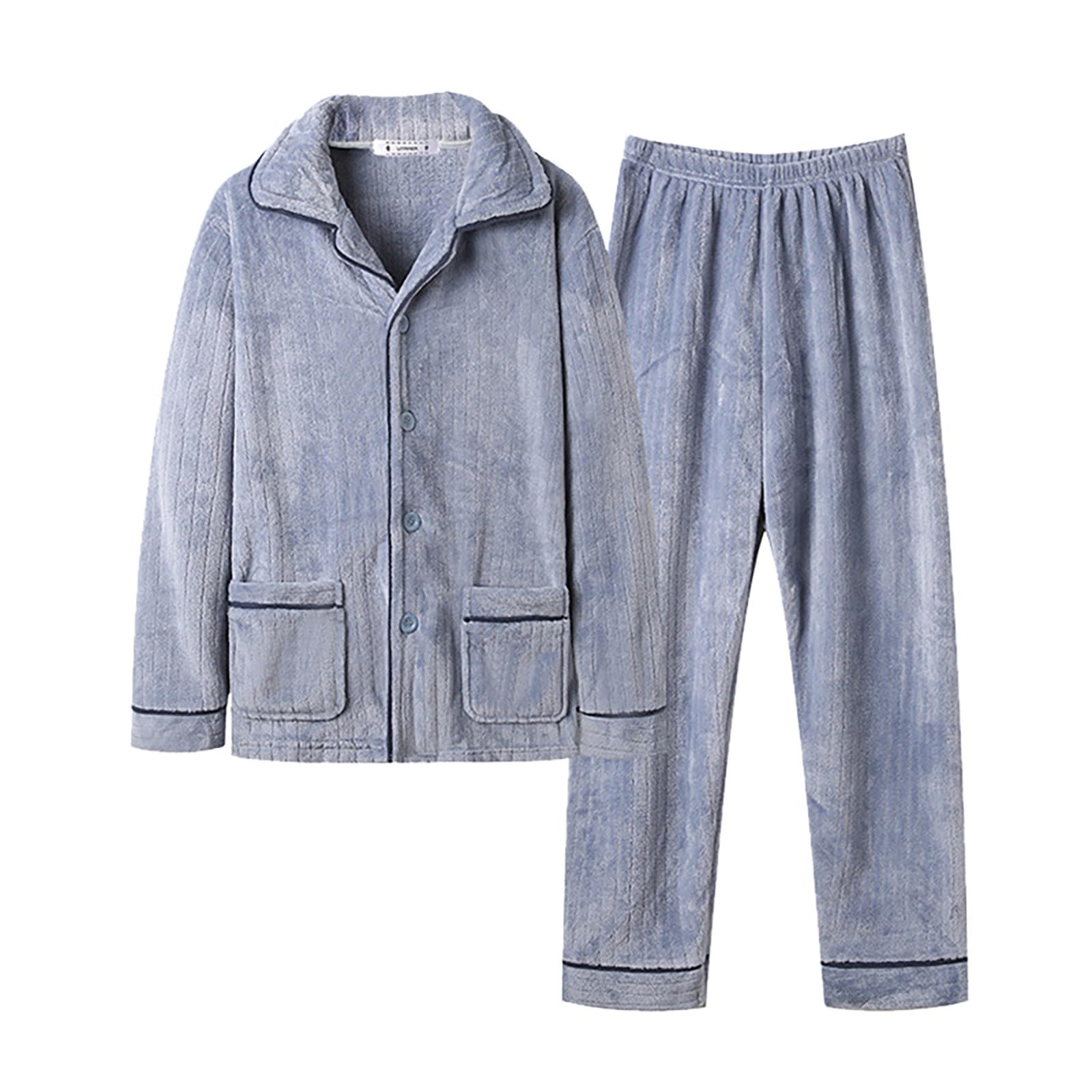 Generisch Pijama de franela para hombre, largo de invierno, conjunto de pijama de forro polar, pijamas reforzados, cálido, camiseta de manga larga y pantalones con botones, ropa de dormir de 2 piezas