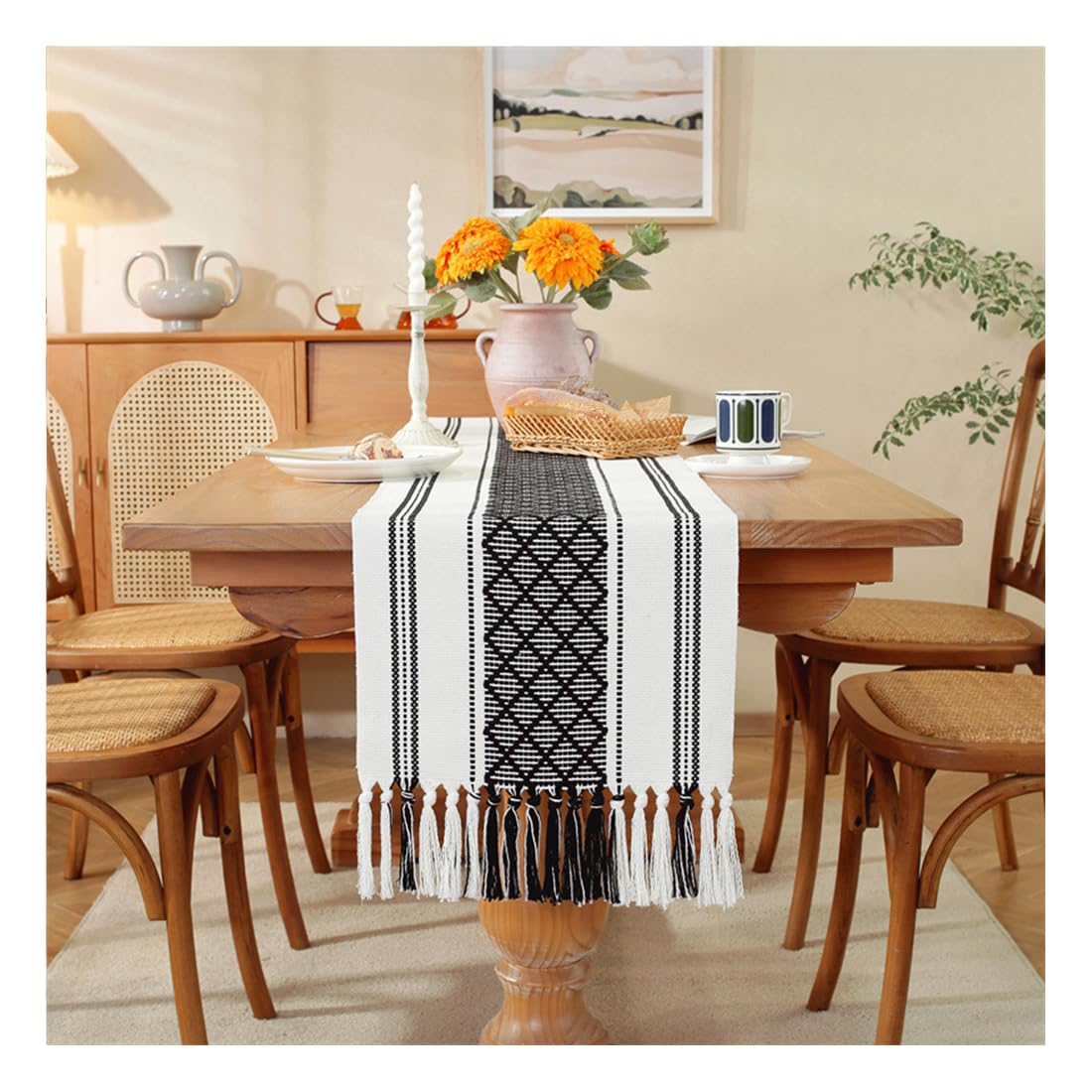 NIUSABOU Kitchen Dining TableDecoration, Nordic Striped Table Runner Multicolor 35x160-305cm(Black-a,35x240cm(13.7x94.4in))