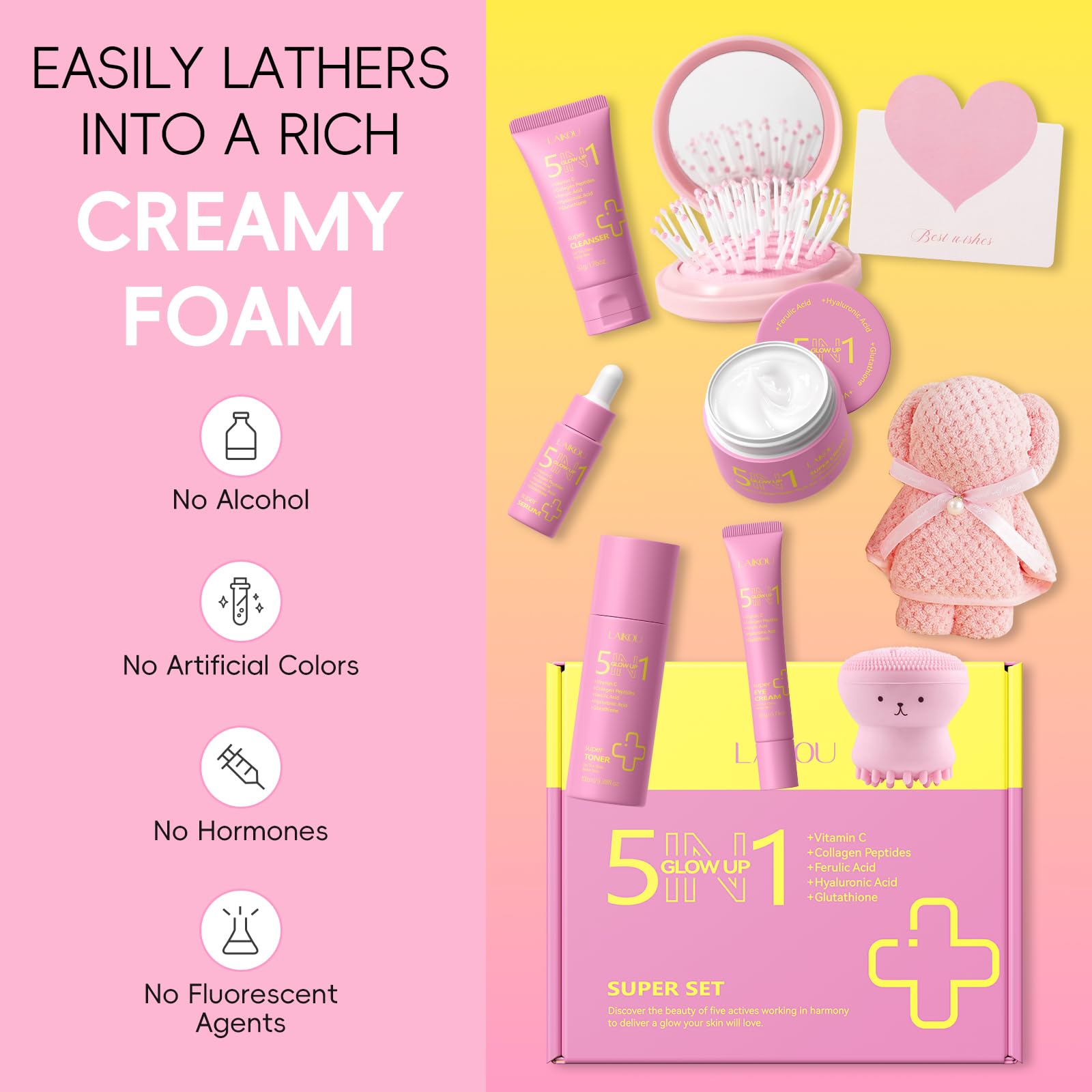 LAIKOU 5 in 1 Glow Up Skincare Set, 9 piezas Set Regalo Mujer Cuidado Facial, Rutina Diaria Facial Hidratante, ideal para San Valentín Día de la Madre y Cumpleaños — view 5